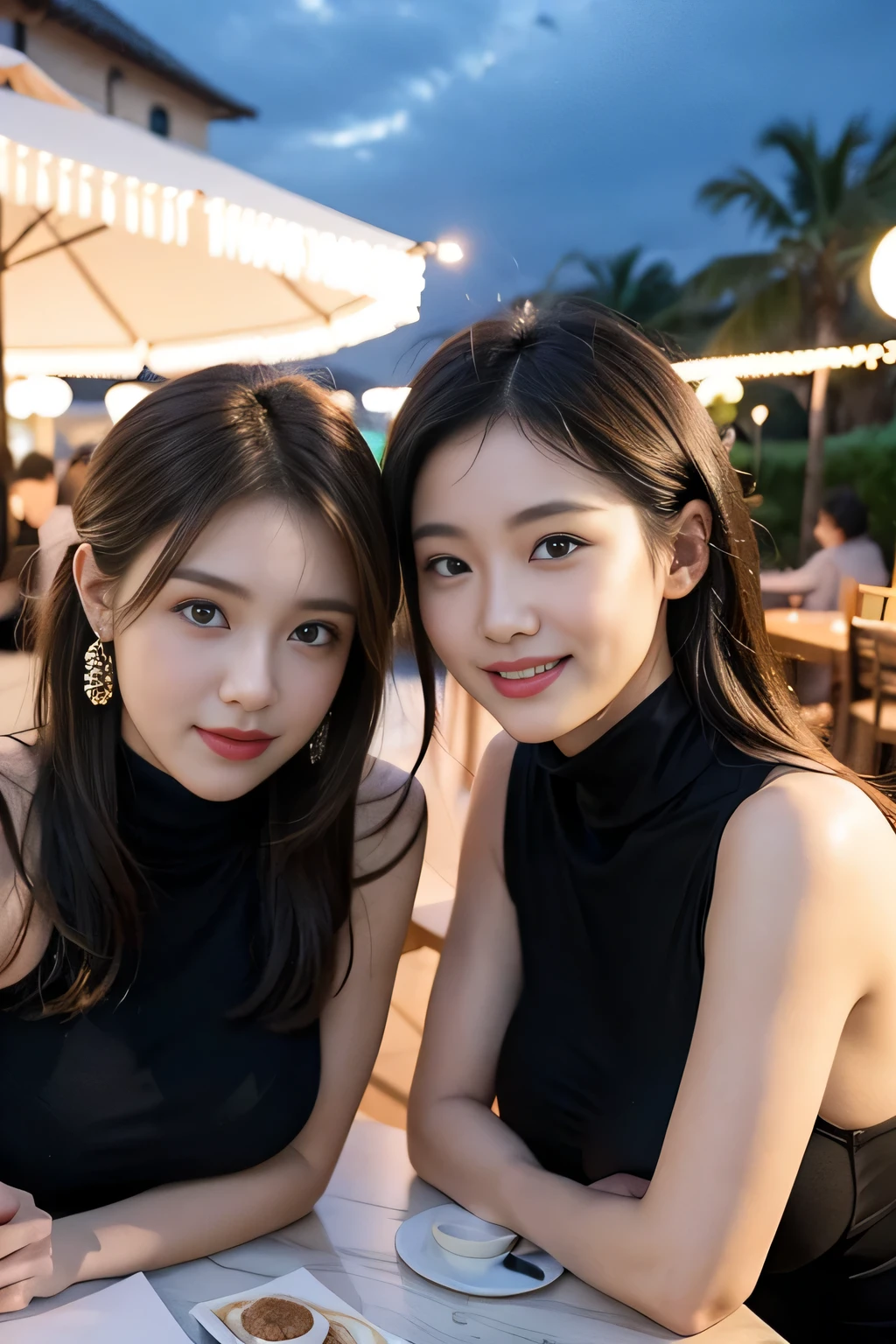 Two beautiful 26 year old women、huge 、beautiful face、With a smile、by 2 person,huge 、On the terrace of a cafe at night、breast cleavage、Various poses、wearing a black turtleneck、