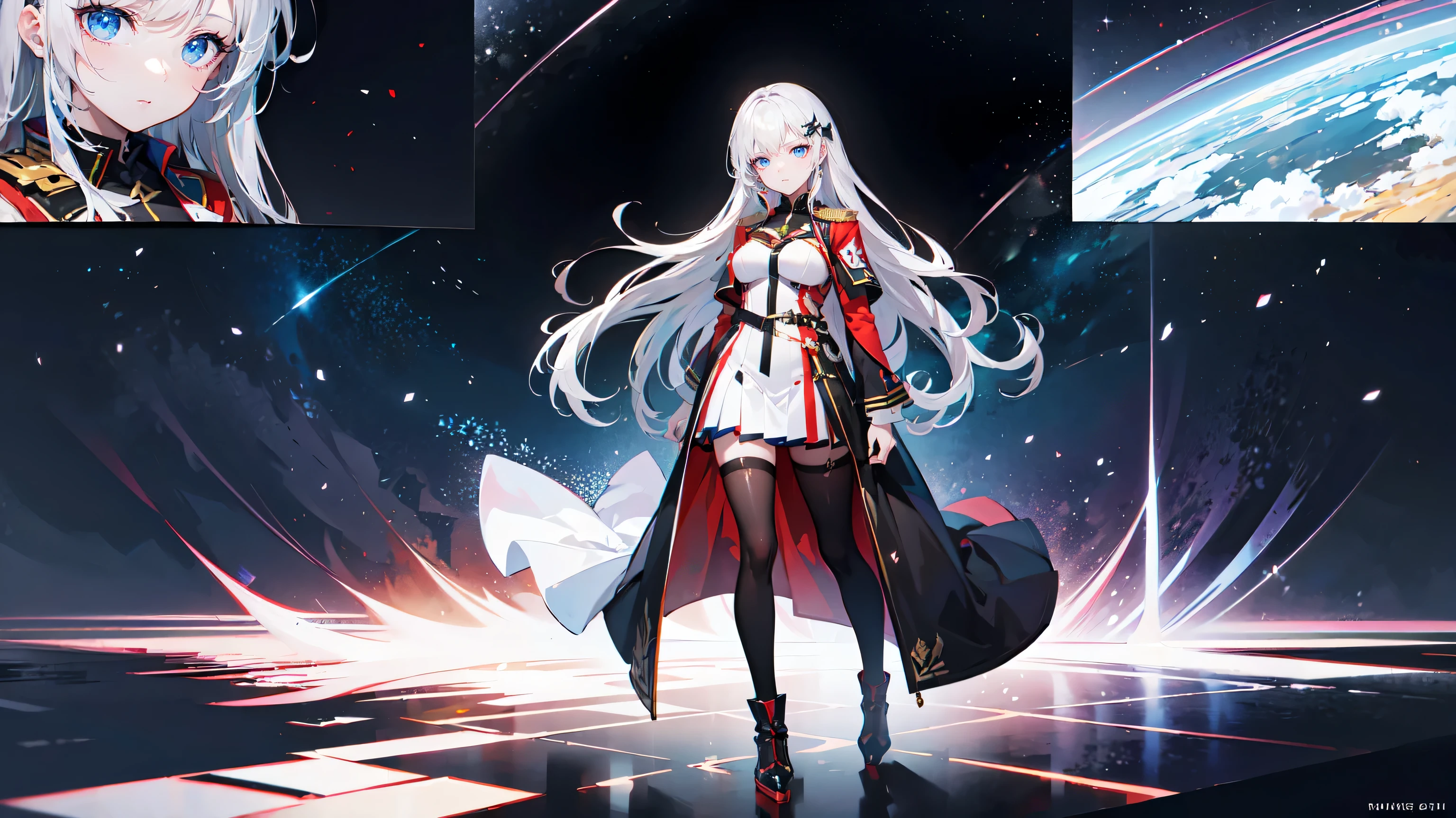 masterpiece, best quality, ultra-detailed, glistening shiny, glowing light, ray tracing, HDR, deph of field, (perfect face, detailed face, detailed eyes,perfect hands,perfect fingers), 8k,HD,ultra realistic face,ray tracing,perfect lighting,best quality, ultra-detailed, shiny eyesanime girl with long white silver hair and blue eyes standing in front of a dark sky, portrait anime space cadet girl, best anime 4k konachan wallpaper, girls frontline universe, from girls frontline, anime style 4 k, anime art wallpaper 4 k, anime art wallpaper 4k, 4k anime wallpaper, anime wallpaper 4 k, anime wallpaper 4k, (((full body))), character is on right side, on planet, space, space at night, star (red military uniform, skirt), (eyes detail),