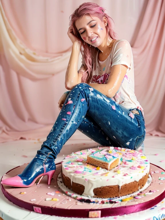 woman wearing jeans, blouse, and stiletto heel ankle boots, (((sitting on a smashed cake))), ((jeans covered with pieces of cake and smeared with frosting)), ((jeans messy with cake and frosting)), ((cake smashed all over her face)), soaking wet, SoakingWetClothes, wet clothing:1.4, wet hair