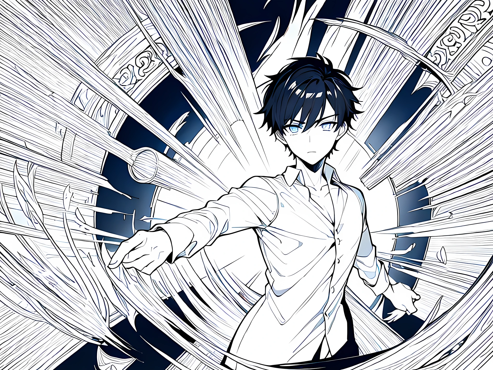 1 young man magician, wearing white shirt, short hair, black hair, scared face, face to detail, holding a magic wand, detailed eyes, standing pose, monochrome (clear line, lineart), full-body illustration