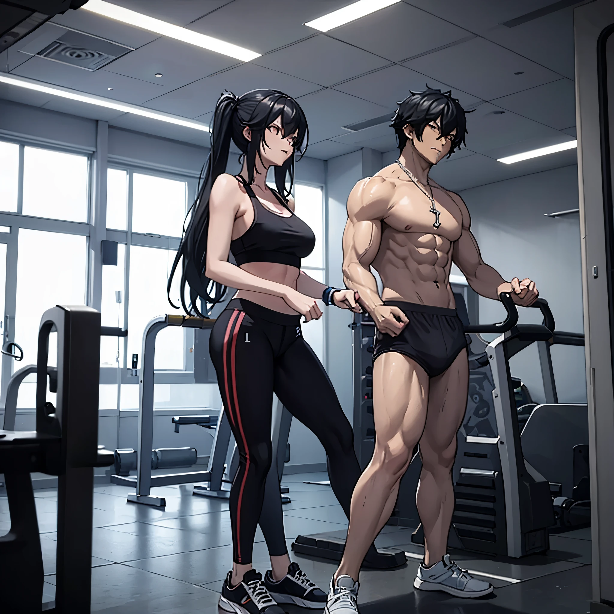 a man and a woman in a gym working out in gym clothes in a fitness gym.