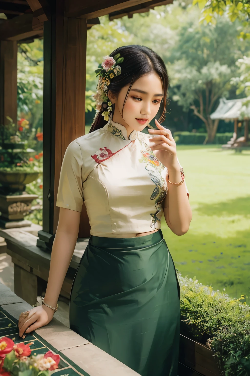 A graceful lady stands before the viewer, adorned in a traditional Myanmar outfit that reflects the rich cultural heritage of the country. Her attire consists of a vibrant and intricately woven longyi, a traditional skirt worn by women in Myanmar, paired with a matching blouse. The longyi features colorful patterns and motifs that represent the unique traditions and customs of Myanmar. The blouse is elegantly designed, complementing the longyi and enhancing the lady's beauty. She wears traditional jewelry, such as gold earrings and bracelets, adding a touch of elegance and sophistication to her ensemble. Her hair is styled in a traditional manner, with intricate braids and adorned with flowers or accessories. The setting is chosen to reflect the beauty of Myanmar, such as a serene temple courtyard or a lush green landscape. This scene is captured in a respectful and appreciative manner, showcasing the lady's traditional Myanmar outfit and celebrating the cultural richness of the country