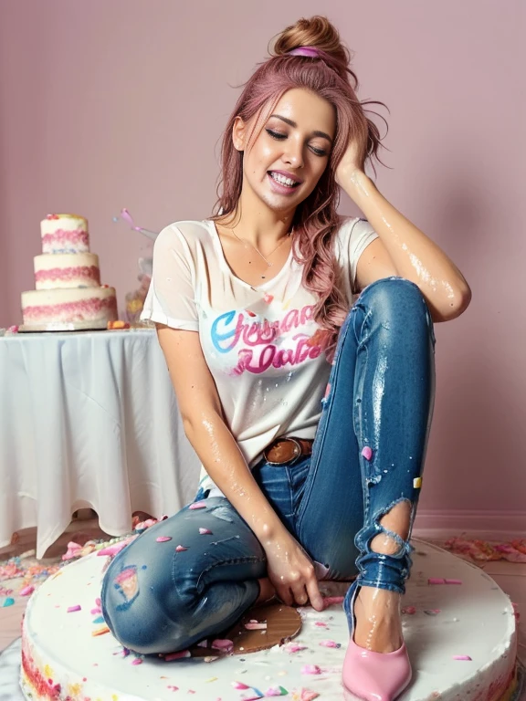 woman wearing jeans, blouse, and stiletto heel ankle boots, (((sitting on a smashed cake))), ((jeans covered with pieces of cake and smeared with frosting)), ((jeans messy with cake and frosting)), ((cake smashed all over her face)), soaking wet, SoakingWetClothes, wet clothing:1.4, wet hair