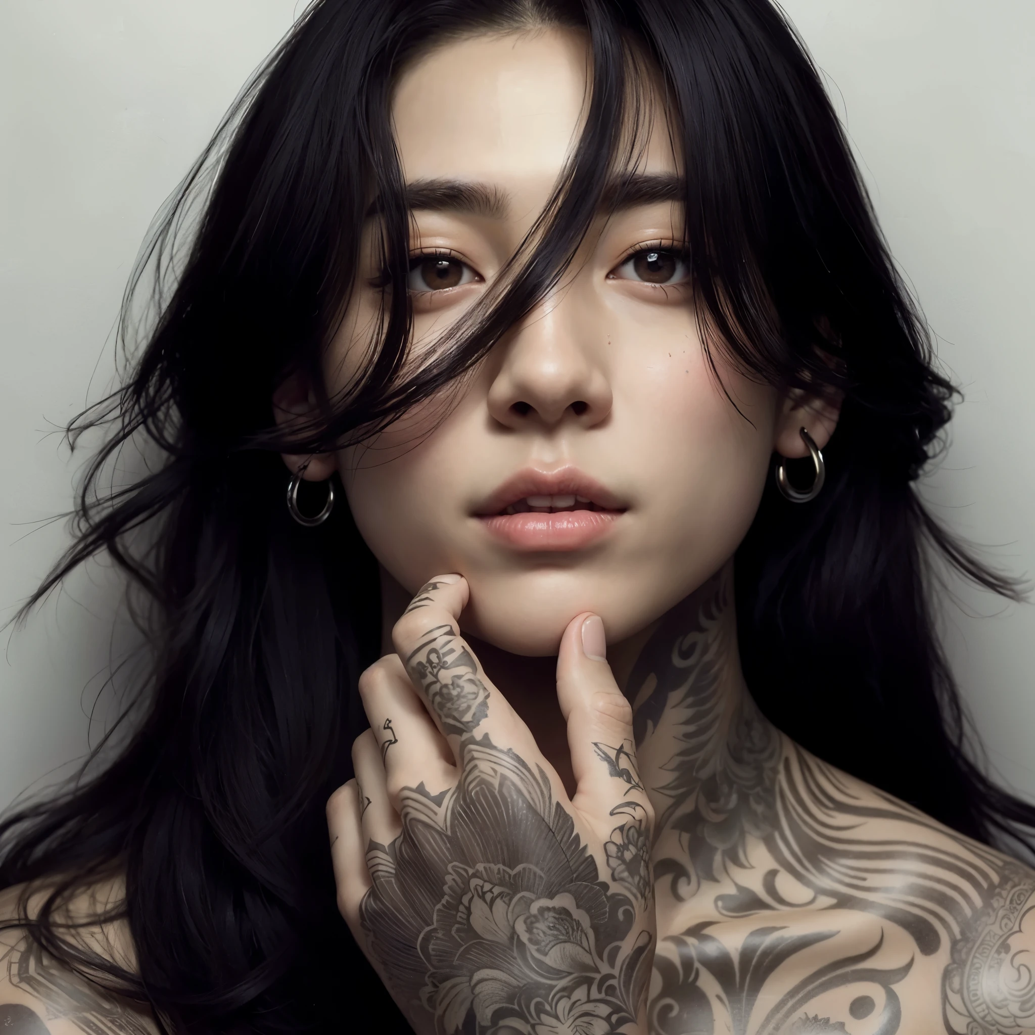 man with tattoos on his body and hands, com tatuagem facial, homem coreano, jungkook, artista coreano, estilo de tinta, de garoto coreano com tatuagens, retrato de alta qualidade, korean symmetrical face, Jeon jungkook, estilo de arte hiperrealista, foto retrato de alto detalhe, retrato altamente detalhado, highly detailed photo portrait, inspirado em bts jungkook