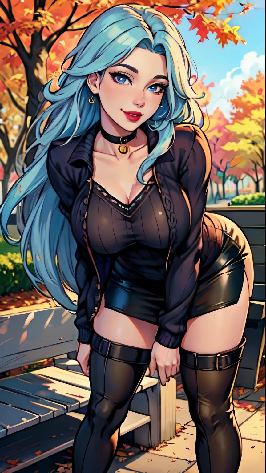 Masterpiece, raw, beautiful art, professional artist, 8k, art style by sciamano240, very detailed face, very detailed hair, 1 woman, perfectly drawn body, beautiful face, long hair, light blue hair , very detailed blue eyes , rosey cheeks, intricate details in eyes, playful smile, looking directly at viewer , in love with viewer expression, black chocker, lipstick, wearing cute fall clothes, jacket, sweater, short pencil skirt, thigh boots, full body view, standing, one foot on park bench, sunny day fall setting,