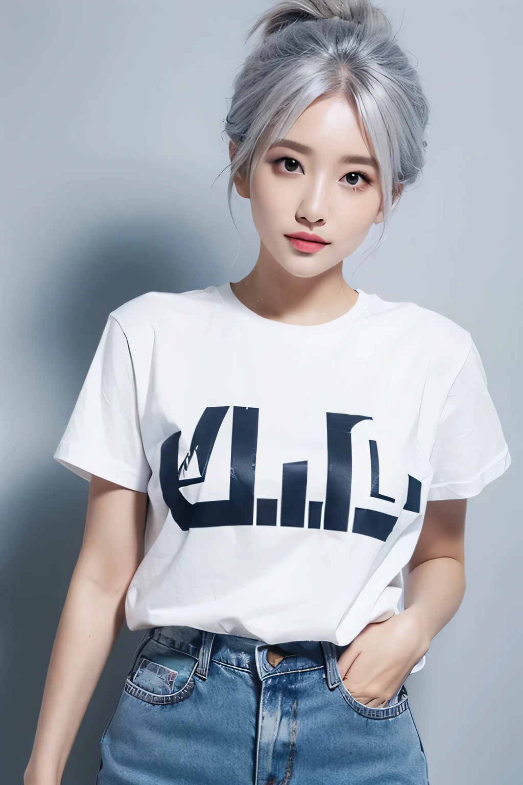 a woman with grey hair wearing a white t - shirt and jeans, a picture, by Kun Can, very beautiful girl, summer color pattern, nixeu and sakimichan, belle delphine