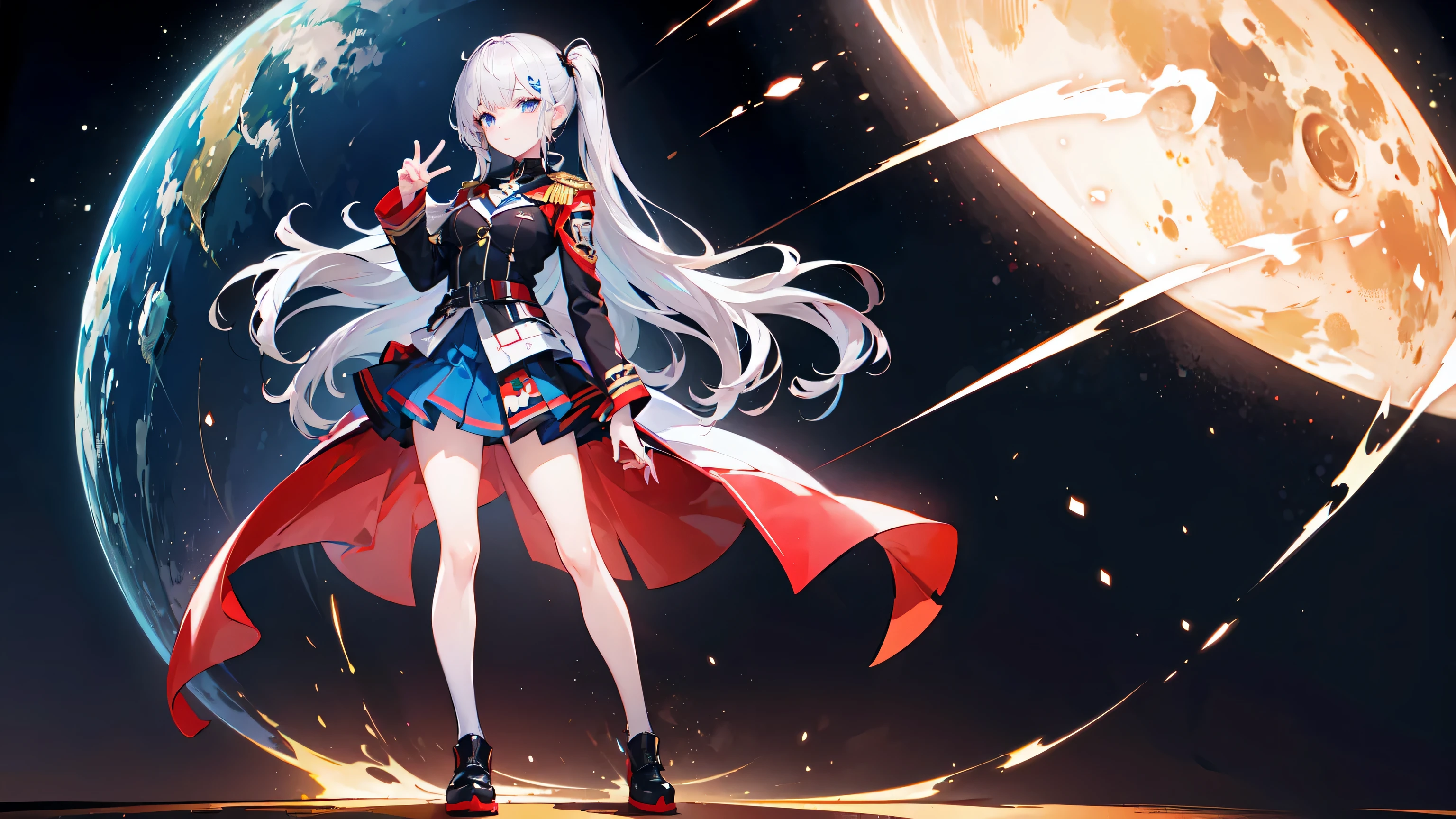 masterpiece, best quality, ultra-detailed, glistening shiny, glowing light, ray tracing, HDR, deph of field, (perfect face, detailed face, detailed eyes,perfect hands,perfect fingers), 8k,HD,ultra realistic face,ray tracing,perfect lighting,best quality, ultra-detailed, shiny eyesanime girl with long white silver hair and blue eyes standing in front of a dark sky, portrait anime space cadet girl, best anime 4k konachan wallpaper, girls frontline universe, from girls frontline, anime style 4 k, anime art wallpaper 4 k, anime art wallpaper 4k, 4k anime wallpaper, anime wallpaper 4 k, anime wallpaper 4k, ((full body)), character is on right side, on planet, space, space at night, star (red military uniform, skirt)