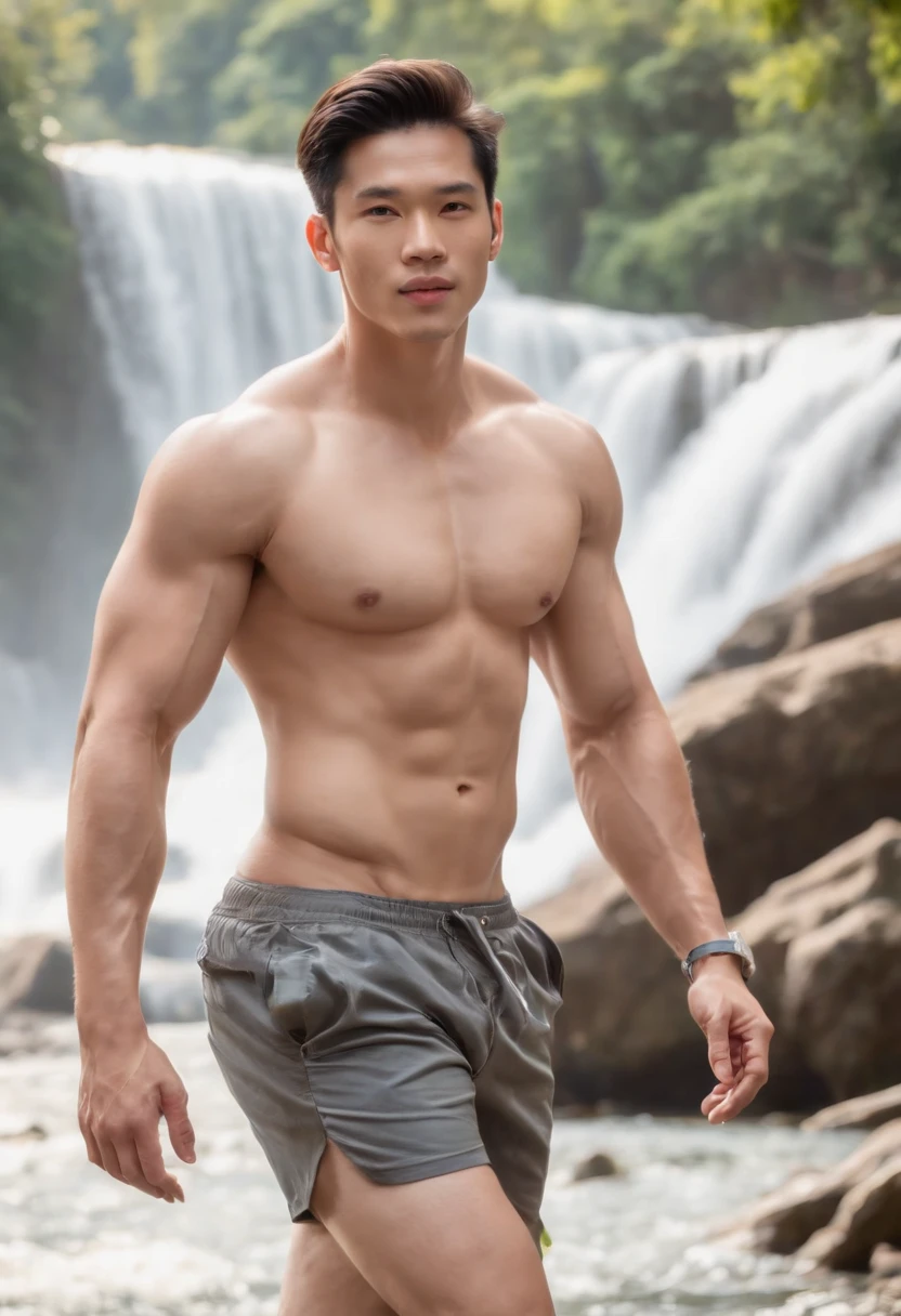 a photo-realistic image of a (((muscular and toned))) Thai male in shorts, (((irresistibly sexy, good looking, and beautiful handsome face))), with ((pale skin color with fine skin complexion)), (((bare chest))), ((no top)), ((beautiful and shiny long black hair)), ((no pants)), in the world of Asian male model legends, walking in the river, background of waterfall and mountains on a sunny day. ((full body shot)), ((ultra high resolution))