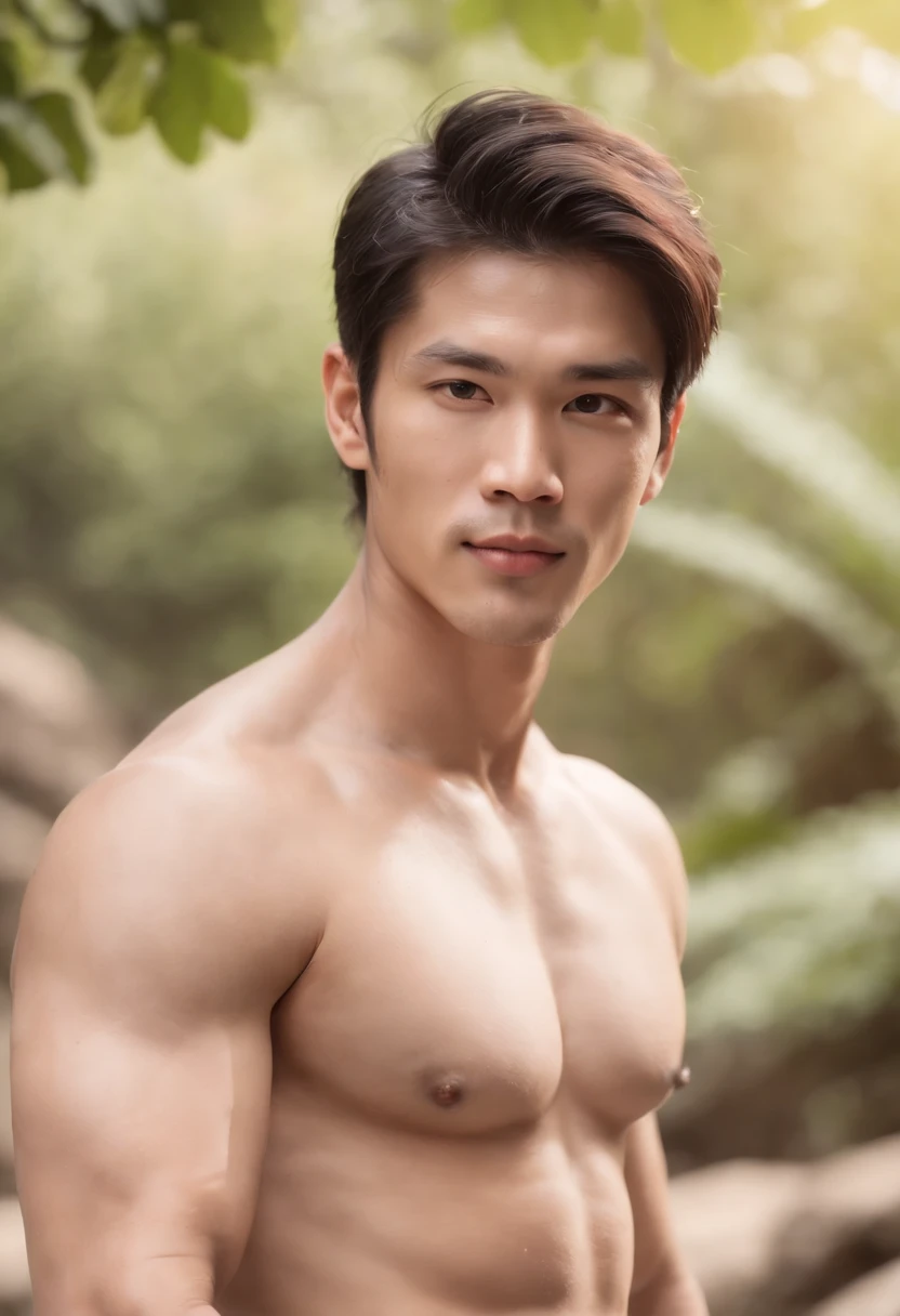 a photo-realistic image of a (((muscular and toned))) Thai male in shorts, (((irresistibly sexy, good looking, and beautiful handsome face))), with ((pale skin color with fine skin complexion)), (((bare chest))), ((no top)), ((beautiful and shiny long black hair)), ((no pants)), in the world of Asian male model legends, walking in the river, background of waterfall and mountains on a sunny day. ((full body shot)), ((ultra high resolution))