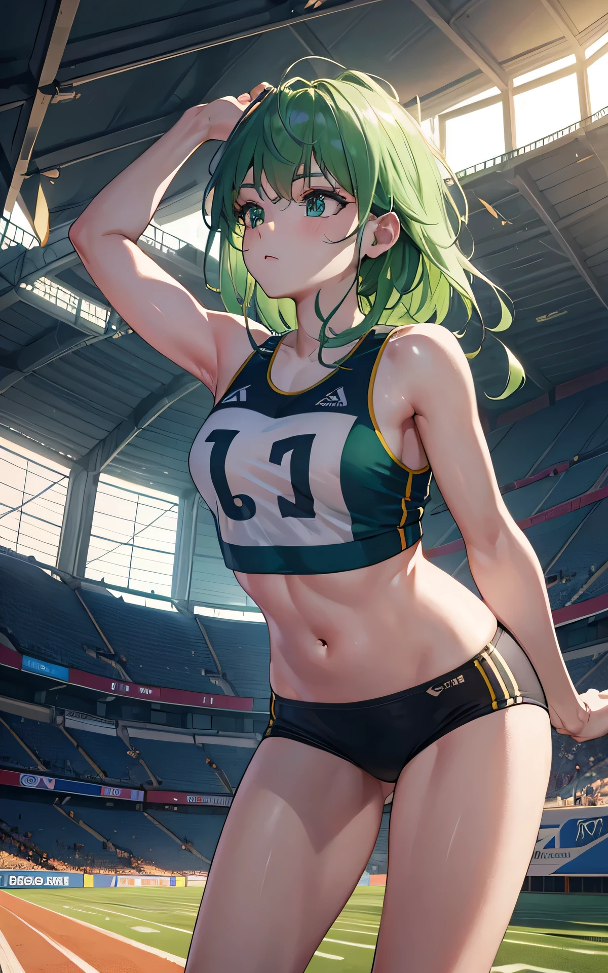 Girl with short green hair, Small size breasts,、Green Eyes, 、,Full body photo from head to toe、Track and field athlete、、、Pole Vault、150㎝の高さのバーを背中側からJumpして飛び越える、A toned and toned body、Desperate、Sweat、Uplifting、A moving picture、Shorts、Full Strength、Jump、Serious、