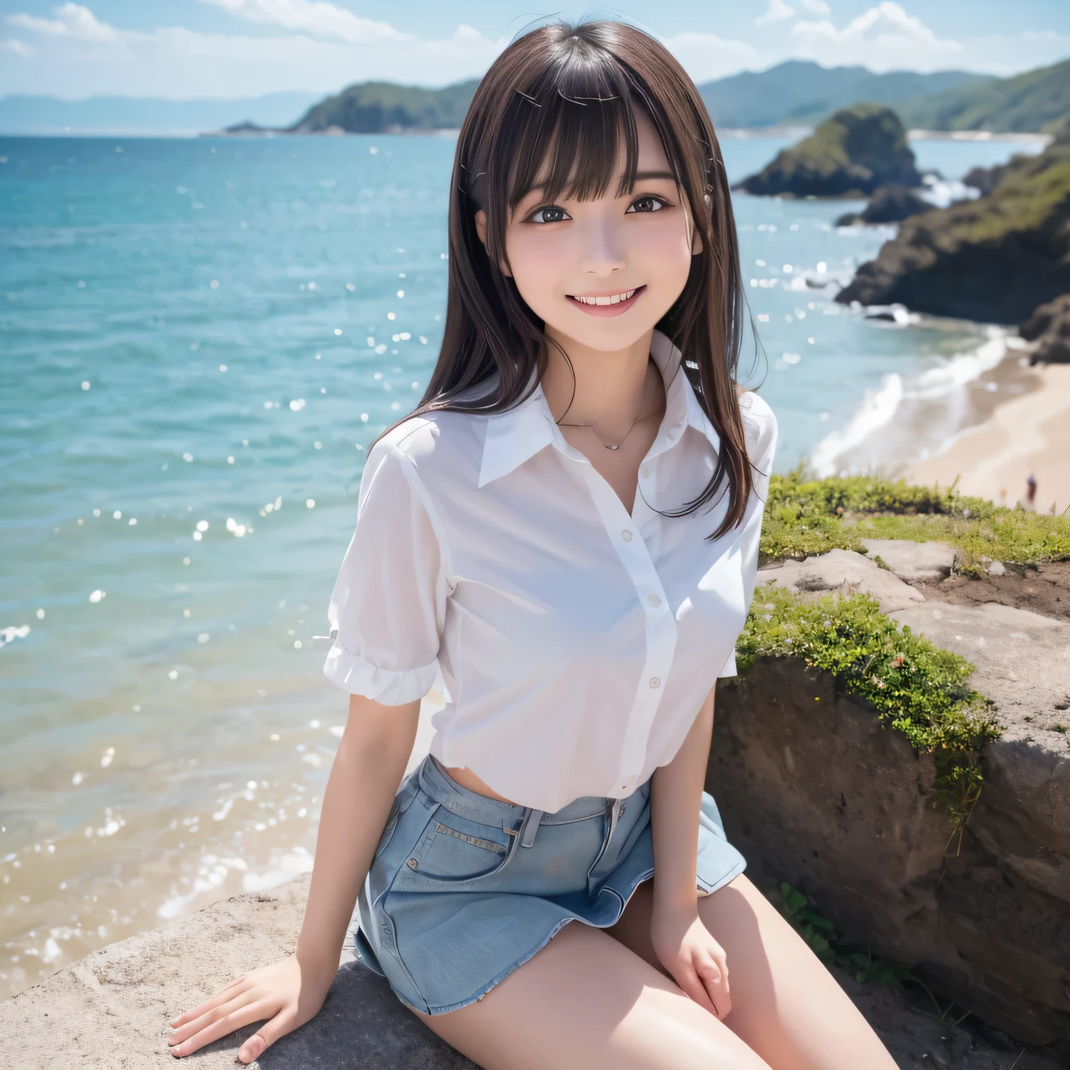 on the table, best quality, illustration, Super detailed, fine details, high resolution, 8k wallpaper, Perfect dynamic composition, Beautiful and delicate eyes,whole body摄影,show your whole body、collared shirt、mini skirt,thin and transparent、long gray hair, Bold sexy pose,Smile,Harajuku、20 year old girl、Eyeliner、beautiful bangs、hair between eyes、((masterpiece、top quality、Super detailed、movie light、intricate details、high resolution、Very detailed))、background for this、8 kood、digital SLR、soft light、high quality、film grain、富士XT3 、shallow view deep、natural soft light、Kamimei、See the knees, side view, standing at the beach,Look at the sexy shots of the lens、Above the legs、whole body、