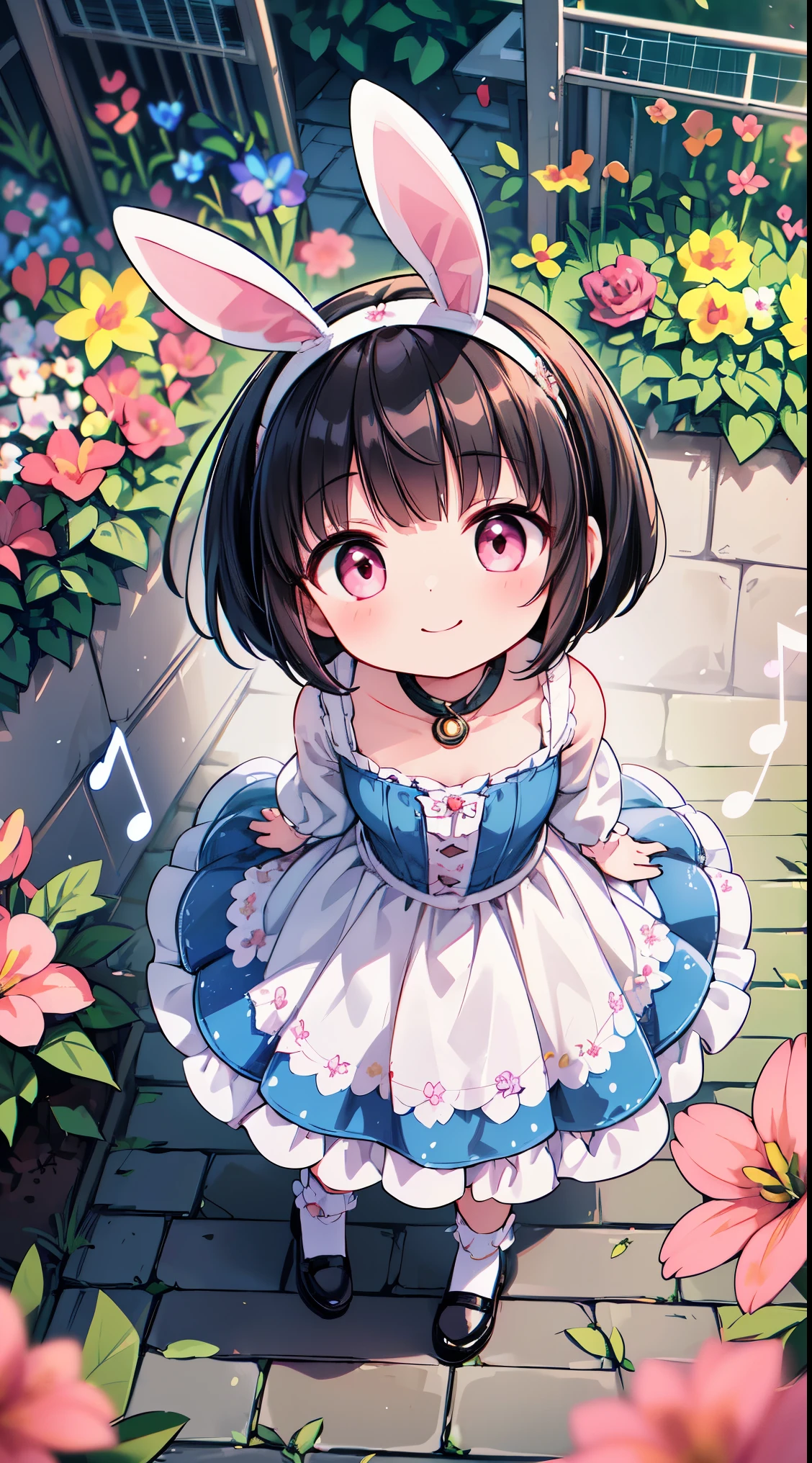 (super fine illustration:1.2),(masterpiece, 8k), (best quality, high quality:1.4), perfect anatomy, hyper detailed, ultra detailed,masterpiece background,beautiful detailed background, v8k wallpaper,perfect design,award-winning art,atmospheric,


BREAK, 1 beautiful horny girl,alone,(cute type:1.5),(Chibi:0.8),(cute type:1.5),(change:0.5),(horny girl, cute, full of energy, change face,slightly swollen chest),(black hair, messy short bob, story me, pink eyes:1.55 ),(full of energy, goofy smile, bad face:1.2),(white bunny ears headband:1.2), 

BREAK, (music motif inspired:1.2), white lace, (closed collar long-sleeved blouse:1.2) with frilled and ribbon, a volumey pannier under a (musical note-pattern long dress:1.6) with (lots of layered frills:1.2) and ribbons, (lace ruffle socks:1.2), music-themed accessories, hat, platform shoes,BREAK, (flower garden:1.8), (magic circle:1.3), (fantasy:1.5), (long shot:1.5), Midday, (light rays:1.2), lights, blue sky, wind, fluttering petals, illusion effect, magic effect,



BREAK,wakame,wakame,wakame,(looking up,from front above:1.5) 

(going up on stairs:1.5),


BREAK,(Blurry background:1.3),(absurderes, hight resolution, Super Detail Art),cel shading,Clear Color, Lonely optical effect, Beautiful pictures, Bright glow, mystic atmosphere,(Close-up of girl:1.1), Mystical light particle effect,manga influence, clean line drawings, 