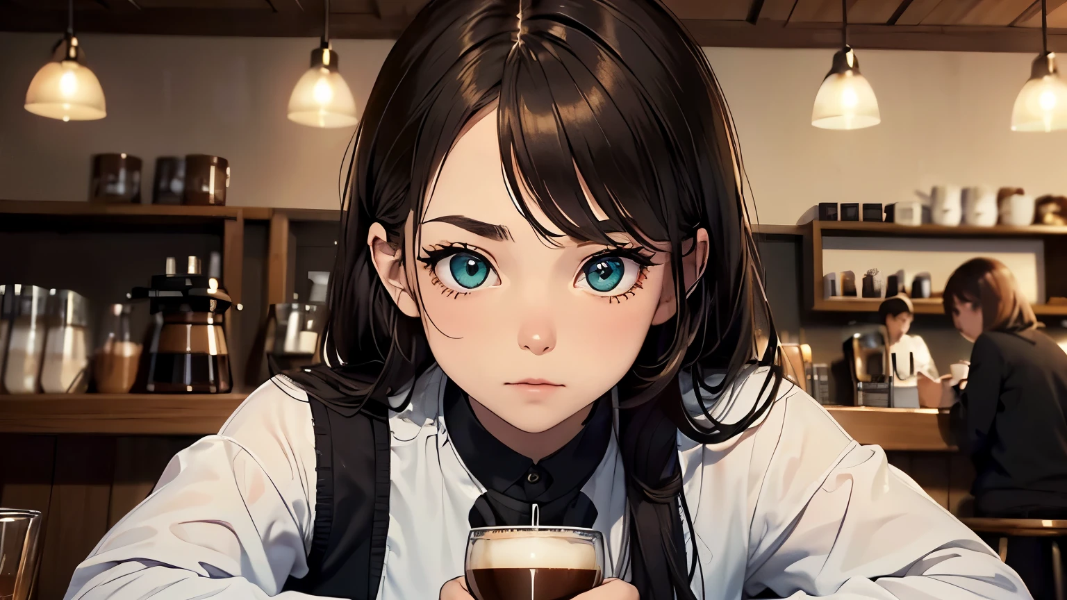 4K, A high resolution, Best quality at best, tmasterpiece, perfect colors, perfect shadow, perfect litthing, ((sportrait)), bright green eyes,With round lenses, The audience watched carefully, (s face: 1.2), Perfect female figure, ((coffee barista outfit)), ((looking and shy at viewert)), (Perfect thick white eyebrows) Delicate fur, 详细s face, s the perfect shy face, At a in an coffee shop , (Drink a glass of coffee standing), Comfortable background, perfect decoration, lighting atmosphere, ((Bonifasko lighting)), (The round lenses on his eyes)(詳細な目), Perfect student