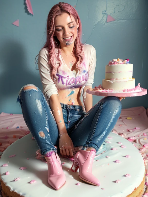 woman wearing jeans, blouse, and stiletto heel ankle boots, (((sitting on a smashed cake))), ((jeans covered with pieces of cake and smeared with frosting)),  ((jeans messy with cake and frosting)), ((cake smashed all over her face)), soaking wet, SoakingWetClothes, wet clothing:1.4, wet hair