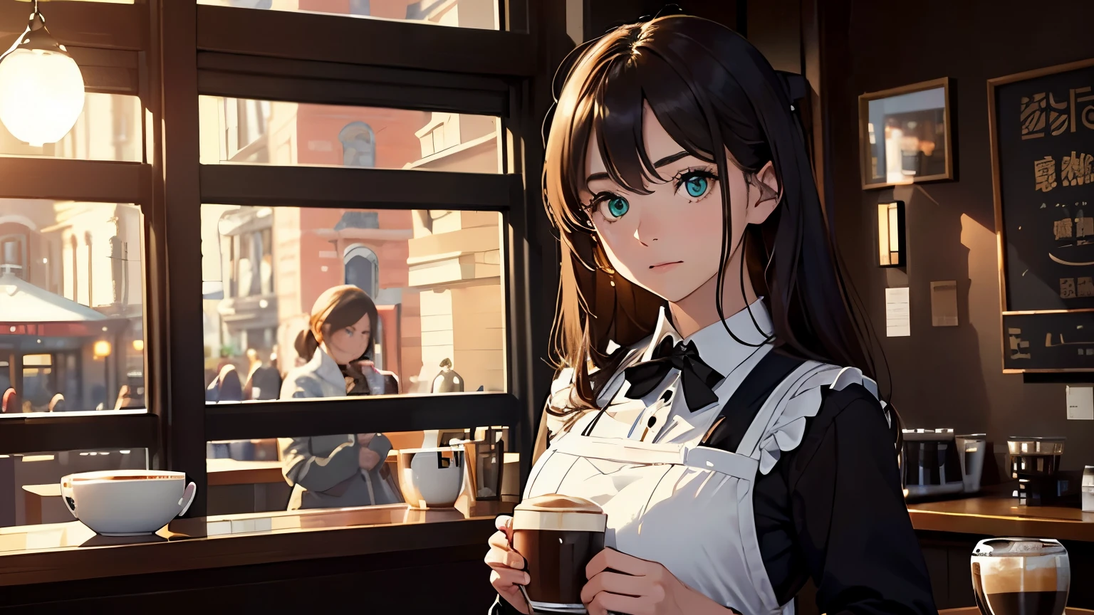 4K, A high resolution, Best quality at best, tmasterpiece, perfect colors, perfect shadow, perfect litthing, ((sportrait)), bright green eyes,With round lenses, The audience watched carefully, (s face: 1.2), Perfect female figure, ((coffee barista outfit)), ((looking and shy at viewert)), (Perfect thick white eyebrows) Delicate fur, 详细s face, s the perfect shy face, At a in an coffee shop , (Drink a glass of coffee standing), Comfortable background, perfect decoration, lighting atmosphere, ((Bonifasko lighting)), (The round lenses on his eyes)(詳細な目), Perfect student
