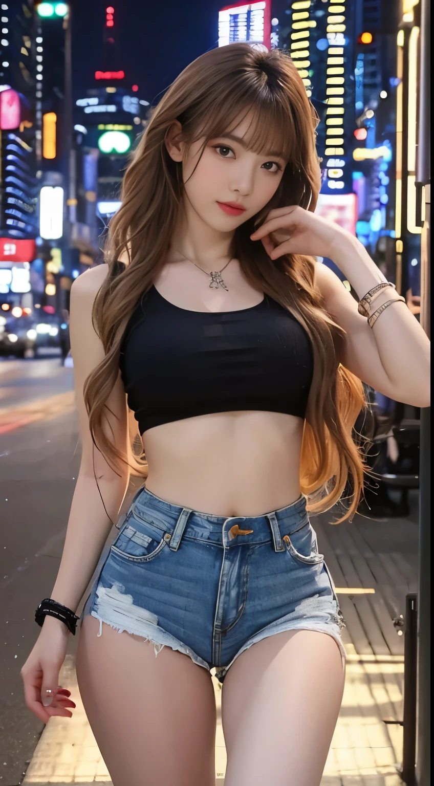 (model shooting style), girl ((T-shrt, jeans shorts)), (Shy), 1 girl, One, whole body, Brown, curly and dirty hair, very detailed face, Beautiful eyes, [chubby], amazing, Rosy cheeks and bright sad eyes, stunningly beautiful, (Rembrandt Lighting), Zeiss lenses, ultra realistic, (Skin with high detail: 1.2), 8k contract, SLR camera, Dramatic rim light, High quality, Fujifilm XT3, NY, Broadway Street (night view), Necklace, bracelet