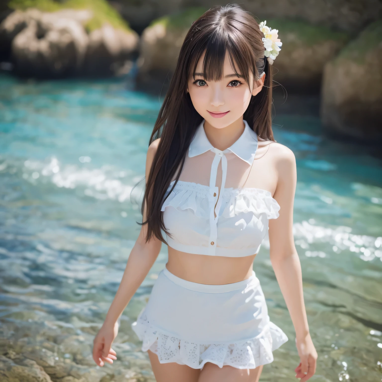 (NFSW)、(blue sea)、(High resolution:1.5)、Highest quality,Very detailed,masterpiece,Super detailed,alone,(One  girl),((Summer School Uniforms:1.5)), Seraphim, ((skirt:1.5)),  smile, Thigh fetish images: 1.5、(((barefoot)))、(Her thighs and white bikini reflected in the clear blue water)、(reflected in water:1.5)、((I can see the white string panties:1.5))、(Cleavage:1.5)、((Clear blue seawater))、Summer sun、はしゃいだsmile、Beautiful Eyes、(pull-out-lift-panties)、Big necklace and tiara、Water is transparent