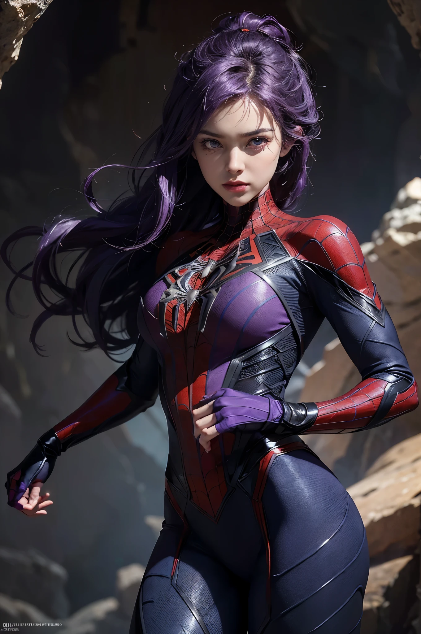 (Extreme Detail CG Unity 8K wallpaper, masterpiece, highest quality), (Exquisite lighting and shadow, highly dramatic picture, Cinematic lens effect), a beautiful girl in a purple Spider-Man costume, purple curly hair color, long hair, braiding hair, beautiful purple eye, evil face, pursed lips, Blue Lightning Point one's finger at oneself, from the Spider-Man parallel universe, Wenger, Marvel, Spider-Man, on the cave, very beautiful face, dynamic pose), (excellent detail, excellent lighting, wide angle), (excellent rendego on cave, enough to stand out in cave, clasocus on purple Spider-Man costumes, complex spider textures
