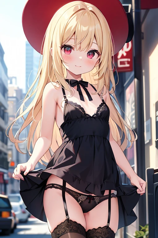 {{{masterpiece}}}, {{{best quality}}}, {{ultra-detailed}}, {nsfw}, {{an extremely delicate and beautiful、 beautiful detailed eyes}},blonde、half up、red eyes、small curve 1.2、cute 、Black lingerie、garter belt、embarrassing、blush、please keep your mouth shut、(street、slutty lace panties:1.3)、from below:1.5、