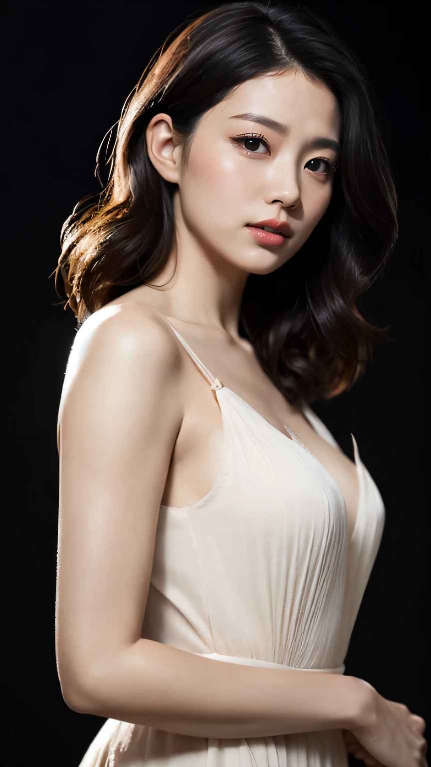 masterpiece, black hair, pure background, beautiful, elegant. Ultra-fine details, masterpieces, realistic textures, realistic cinematic lighting, perfect work, 8k, HD, delicate facial features, full body, Wavy auburn tresses, Elegant white dress, Graceful hand gesture, Serene expression