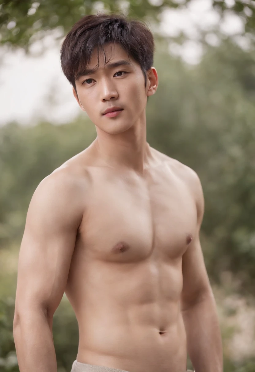 High quality, masterpiece, highly detailed, 8k, perfect face, perfect body, realistic, photo realistic, man, Asian, Song Kang, Korean actor, black hair, short hair, handsome, detailed eyes, beautiful detailed nose, realistic body, realistic light, comfortable expressions, cute guy, sweat guy, cool guy, abs sixpack, model style, full body, clean skin