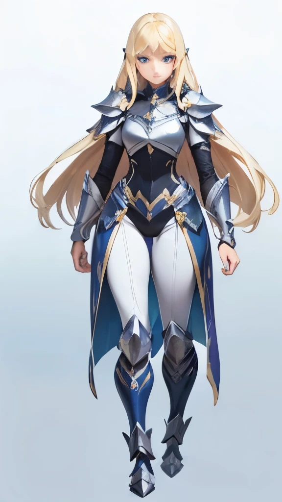 full body of fanatsy beautiful knight tall woman, blonde volumed gorgeous wavy long hair, parted bangs, blue vivid eyes, full platinum armour, her hair fluttered, long iron pants, clear face, highest quality, masterpiece, official arts, perfect anatomy, perfect face, matured woman, stunning beauty