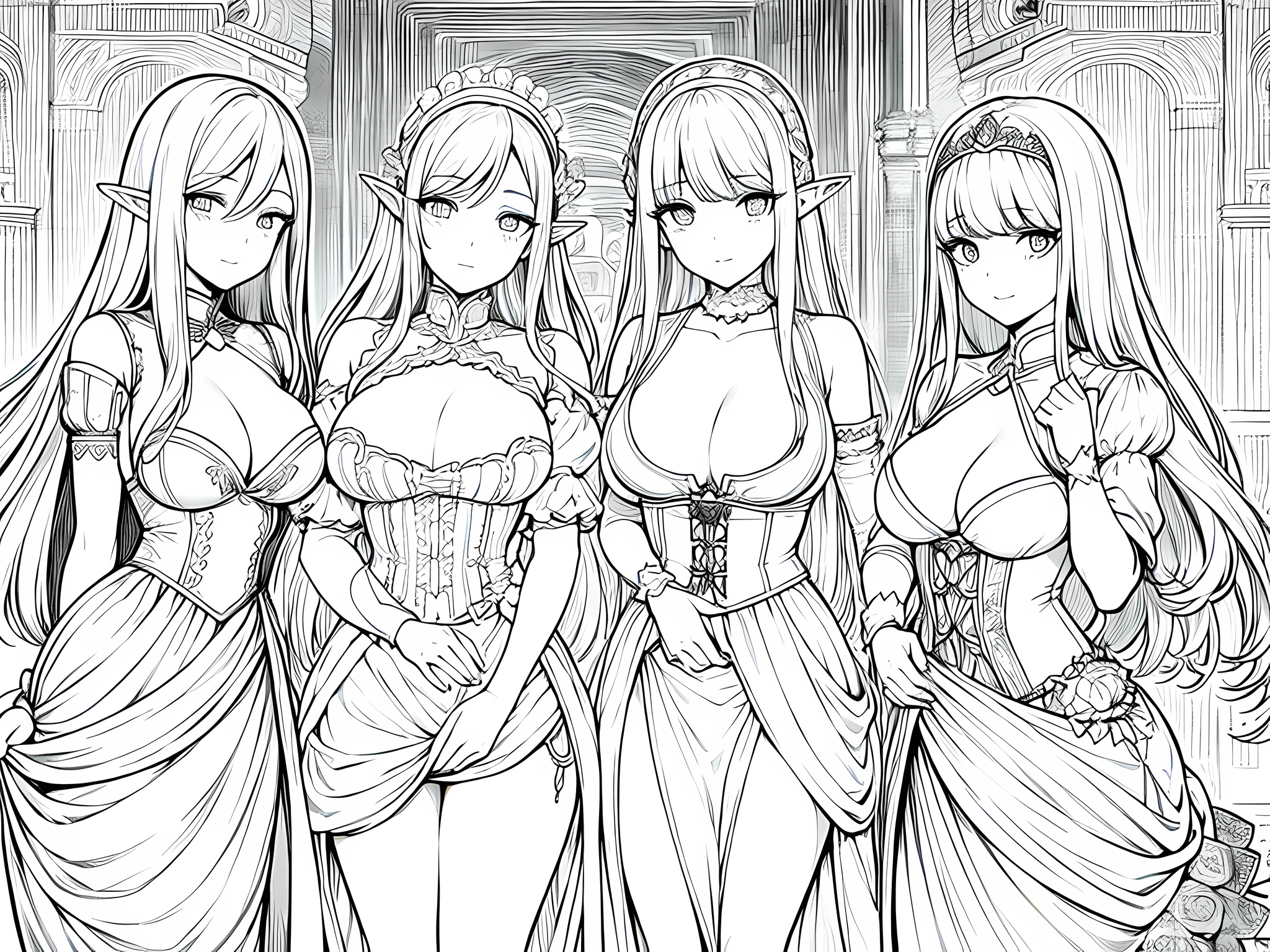 4 elf woman maids, wearing maid outfit, cleavage, different hair colors and hair length, face to detail, detailed eyes, monochrome (clear line, lineart), half-body illustration