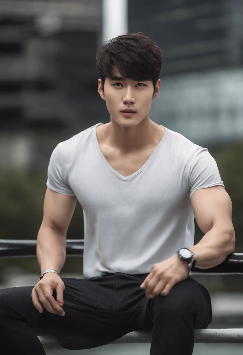 High quality, masterpiece, highly detailed, 8k, perfect face, perfect body, realistic, photo realistic, man, Asian, Song Kang, Korean actor, black hair, short hair, handsome, detailed eyes, beautiful detailed nose, realistic body, realistic light, comfortable expressions, cute guy, sweat guy, cool guy, abs sixpack, model style, full body, clean skin