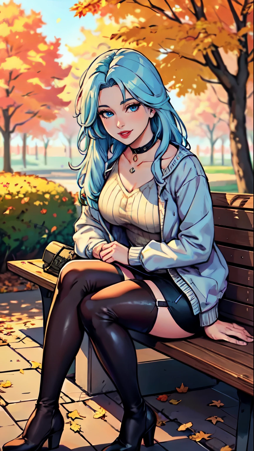 Masterpiece, raw, beautiful art, professional artist, 8k, art style by sciamano240, very detailed face, very detailed hair, 1 woman, perfectly drawn body, beautiful face, long hair, light blue hair , very detailed blue eyes , rosey cheeks, intricate details in eyes, playful smile, looking directly at viewer , in love with viewer expression, black chocker, lipstick, wearing cute fall clothes, jacket, sweater, short pencil skirt, thigh boots, full body view, standing, one foot on park bench, sunny day fall setting,