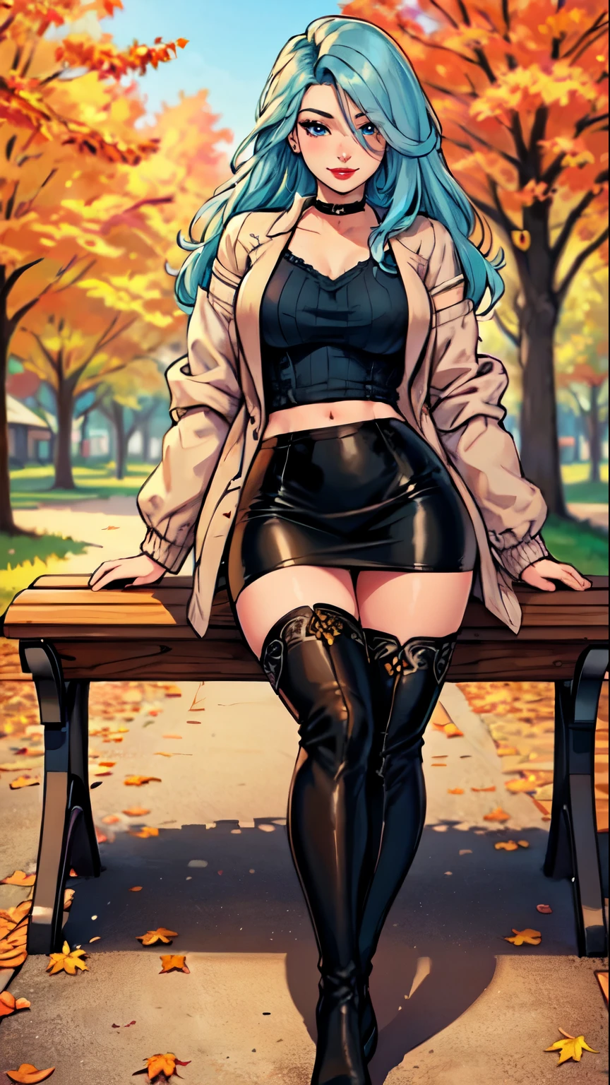 Masterpiece, raw,  beautiful art, professional artist, 8k, art style by sciamano240, very detailed face, very detailed hair, 1 woman, perfectly drawn body, beautiful face, long hair, light blue hair , very detailed blue eyes , rosey cheeks, intricate details in eyes, playful smile, looking directly at viewer , in love with viewer expression, black chocker, lipstick, wearing cute fall clothes, jacket, sweater, short pencil skirt, thigh boots, full body view, standing, one foot on park bench, sunny day fall setting, focus on feet