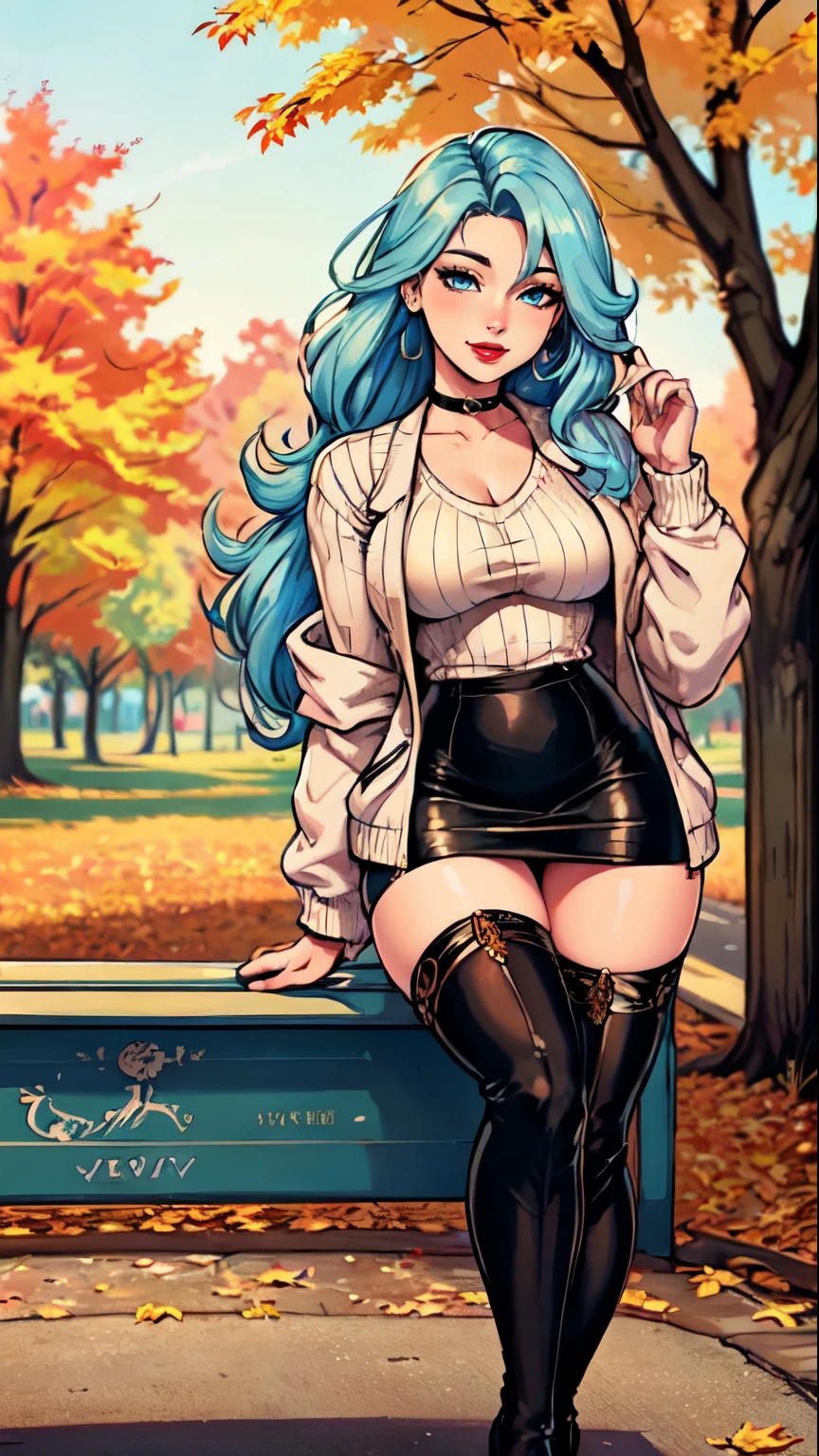 Masterpiece, raw, beautiful art, professional artist, 8k, art style by sciamano240, very detailed face, very detailed hair, 1 woman, perfectly drawn body, beautiful face, long hair, light blue hair , very detailed blue eyes , rosey cheeks, intricate details in eyes, playful smile, looking directly at viewer , in love with viewer expression, black chocker, lipstick, wearing cute fall clothes, jacket, sweater, short pencil skirt, thigh boots, full body view, standing, one foot on park bench, sunny day fall setting, focus on feet