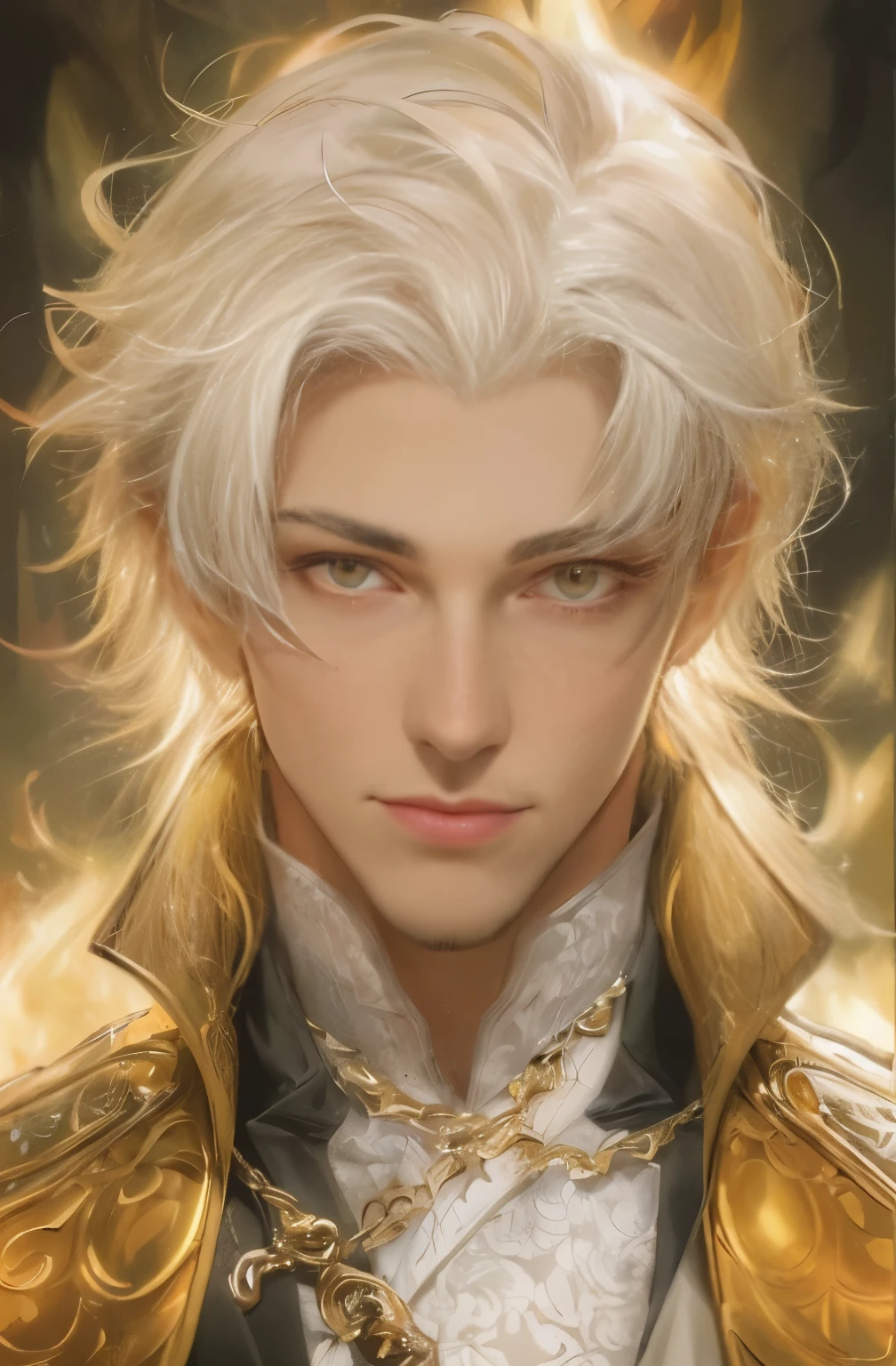 Close-up of a young man with amber yellow eyes, with white hair and a gold jacket, beautiful androgynous prince, Portrait of a male fire magician, gentle androgynous prince, Portrait of a magical blond prince, handsome guy in demon slayer art, fantasy male portrait, fantasy concept art portrait, handsome young guy, fantasy art smug smile man, Rossrisov portrait