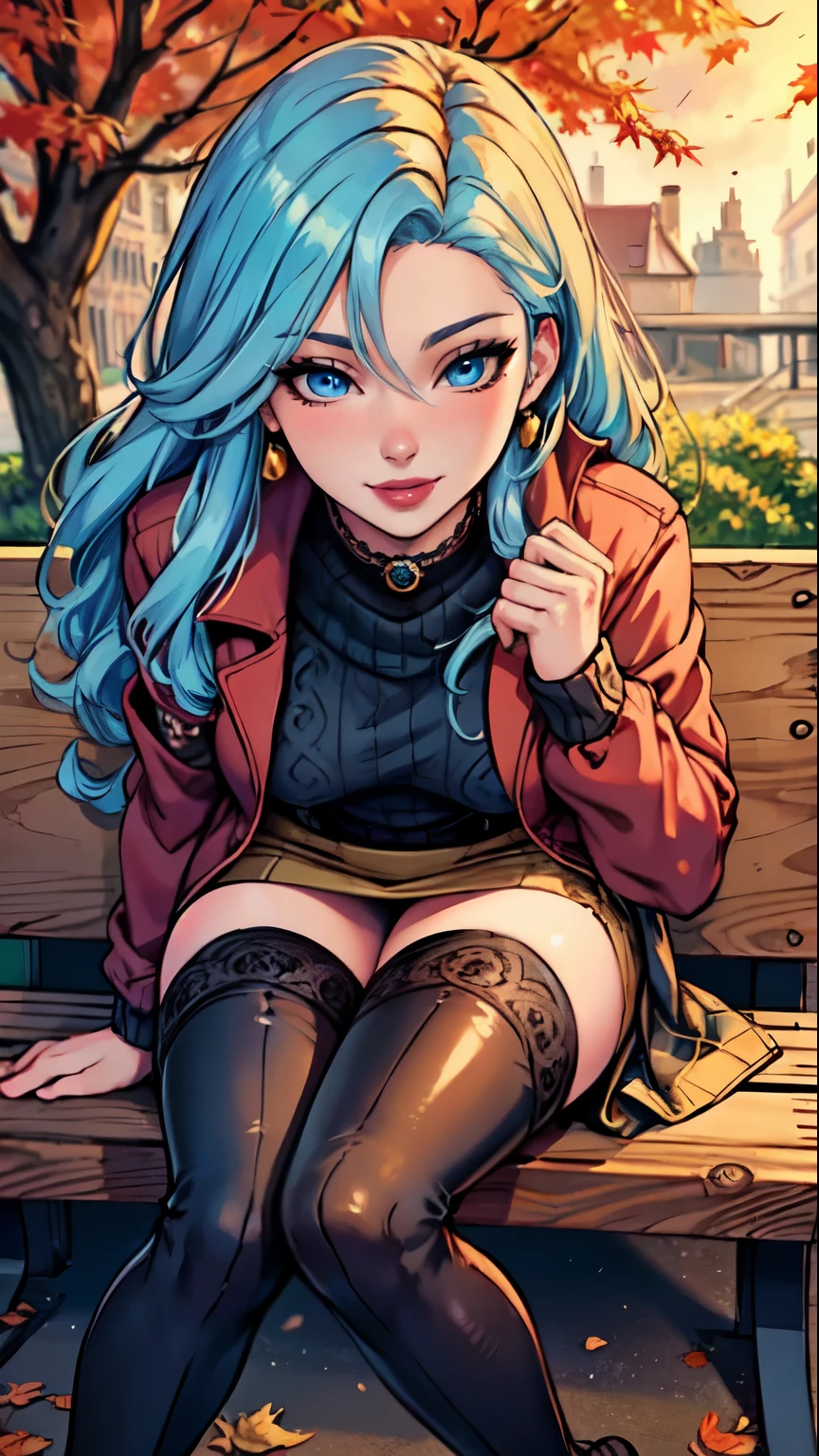Masterpiece, raw, beautiful art, professional artist, 8k, art style by sciamano240, very detailed face, very detailed hair, 1 woman, perfectly drawn body, beautiful face, long hair, light blue hair , very detailed blue eyes , rosey cheeks, intricate details in eyes, playful smile, looking directly at viewer , in love with viewer expression, black chocker, lipstick, wearing cute fall clothes, jacket, sweater, short pencil skirt, thigh boots, full body view, standing, one foot on park bench, sunny day fall setting, focus on feet