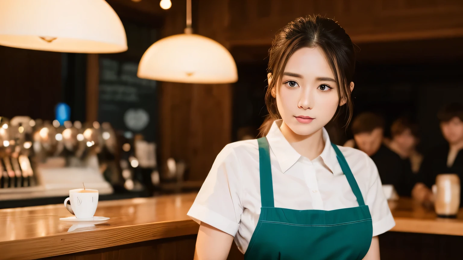 4K, A high resolution, Best quality at best, tmasterpiece, perfect colors, perfect shadow, perfect litthing, ((sportrait)), bright green eyes,With round lenses, The audience watched carefully, (s face: 1.2), Perfect female figure, ((coffee barista outfit)), ((looking and shy at viewert)), (Perfect thick white eyebrows) Delicate fur, 详细s face, s the perfect shy face, At a in an coffee shop , (Drink a glass of coffee standing), Comfortable background, perfect decoration, lighting atmosphere, ((Bonifasko lighting)), (The round lenses on his eyes)(詳細な目), Perfect student