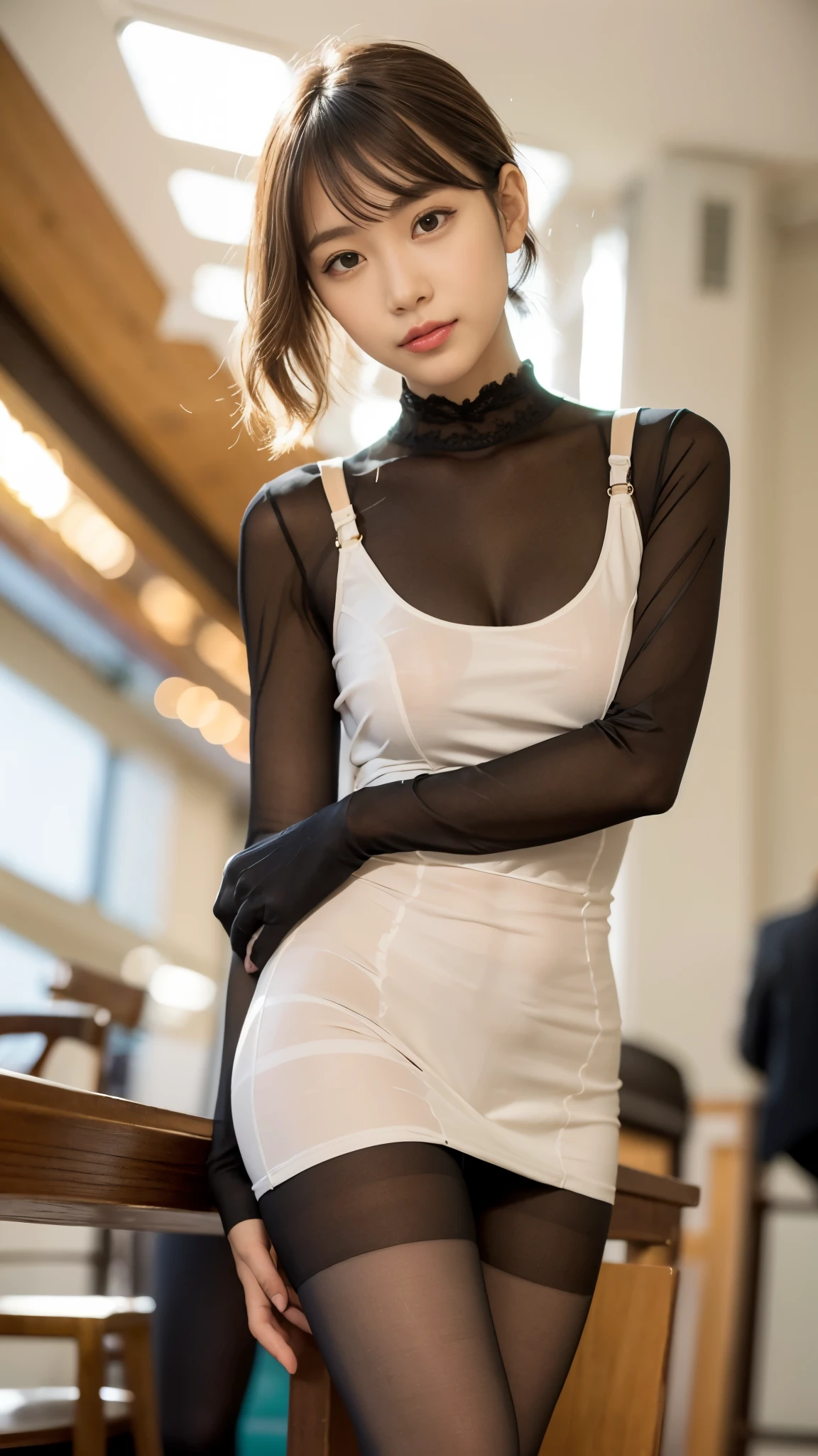 A in a short black dress and high heels is leaning on the table, long and thin legs, pantyhose tights, long legs, elegant legs, beautiful slim legs, very beautiful slim legs, nylon tights, とても美しいlong and thin legs, I can see the legs, tight clothing, pantyhose, beautiful feet, tights, tights, whole foot, beautiful feet, smooth legs
