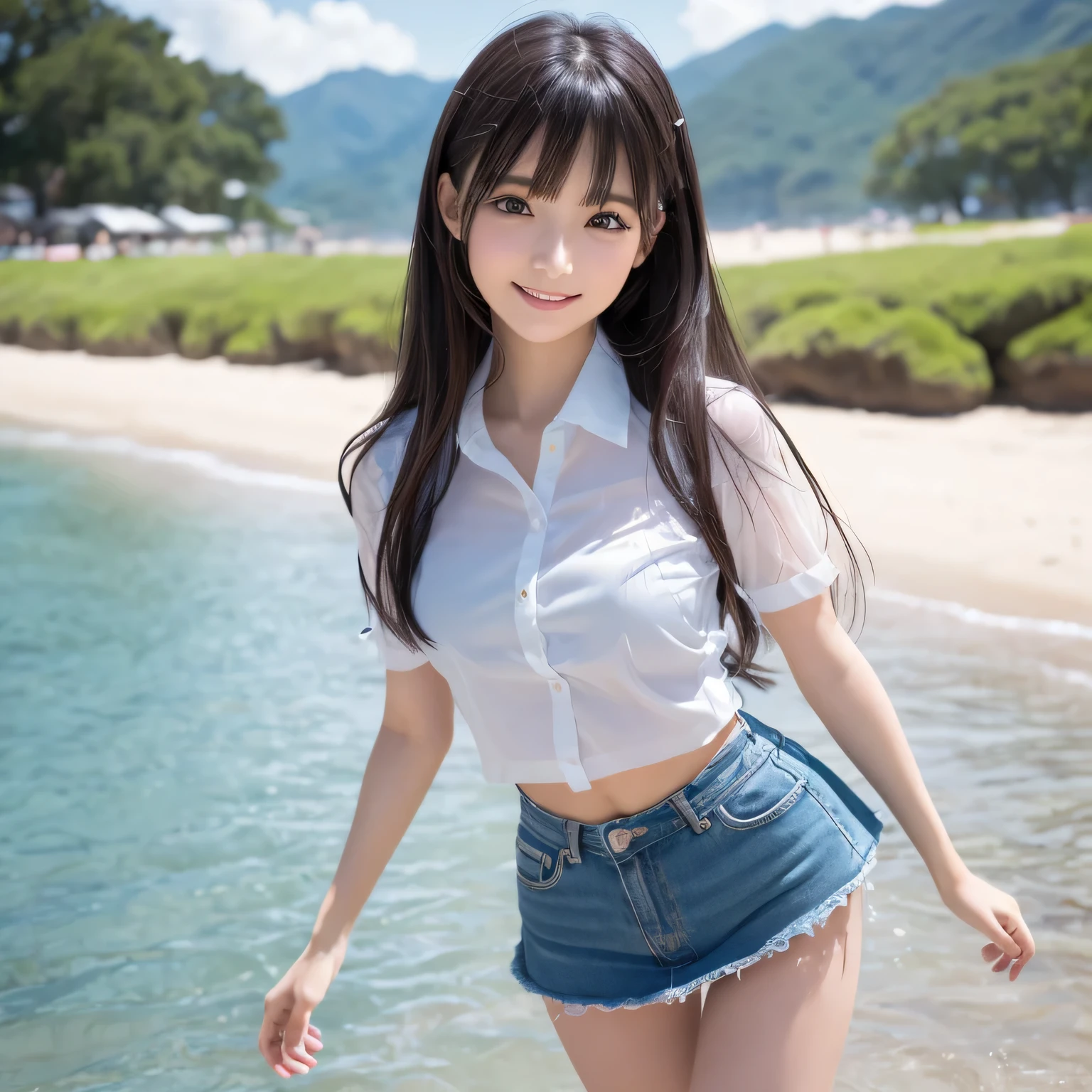 on the table, best quality, illustration, Super detailed, fine details, high resolution, 8k wallpaper, Perfect dynamic composition, Beautiful and delicate eyes,whole body摄影,show your whole body、collared shirt、mini skirt,thin and transparent、long gray hair, Bold sexy pose,Smile,Harajuku、20 year old girl、Eyeliner、beautiful bangs、hair between eyes、((masterpiece、top quality、Super detailed、movie light、intricate details、high resolution、Very detailed))、background for this、8 kood、digital SLR、soft light、high quality、film grain、富士XT3 、shallow view deep、natural soft light、Kamimei、See the knees, side view, standing at the beach,Look at the sexy shots of the lens、Above the legs、whole body、