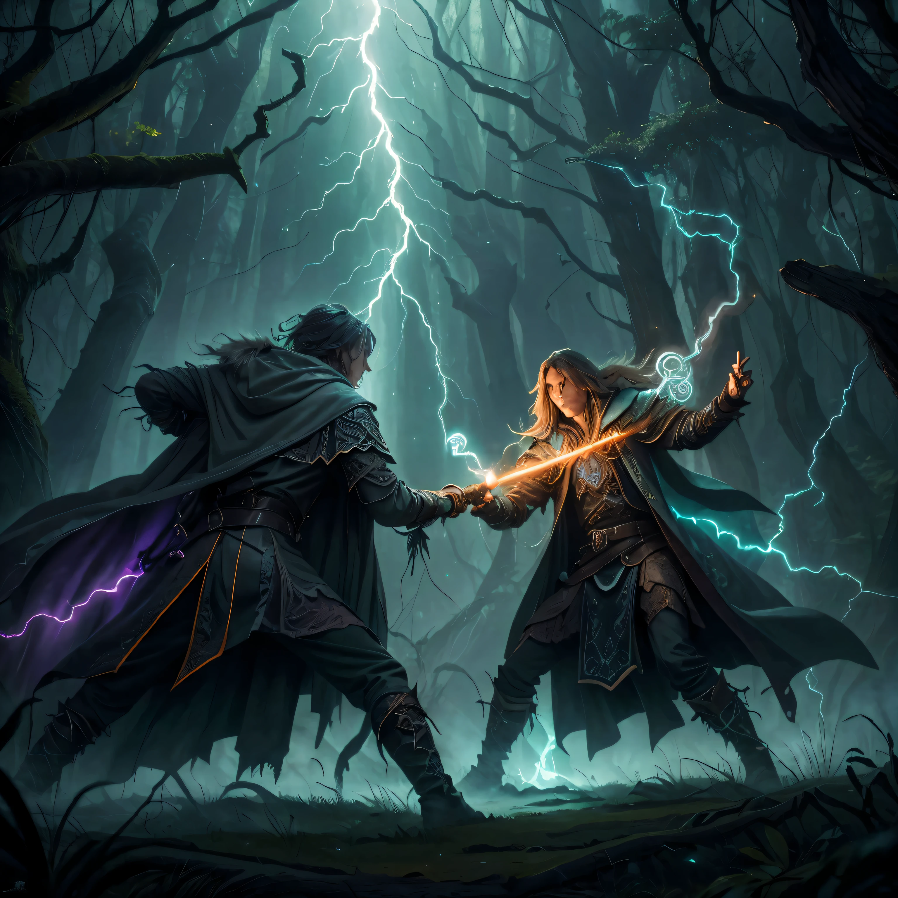 model dreamer ,Druid magic AI , in the woods, Two mages wearing gray gothic fantasy coats, Attack each other ! A man shoots a huge bolt of lightning from his right hand ! Another person'Right hand flashes with orange flames ! ((masterpiece)), ((best quality)) , Very detailed,, 最高detail, Ah high_detail, dyeing,