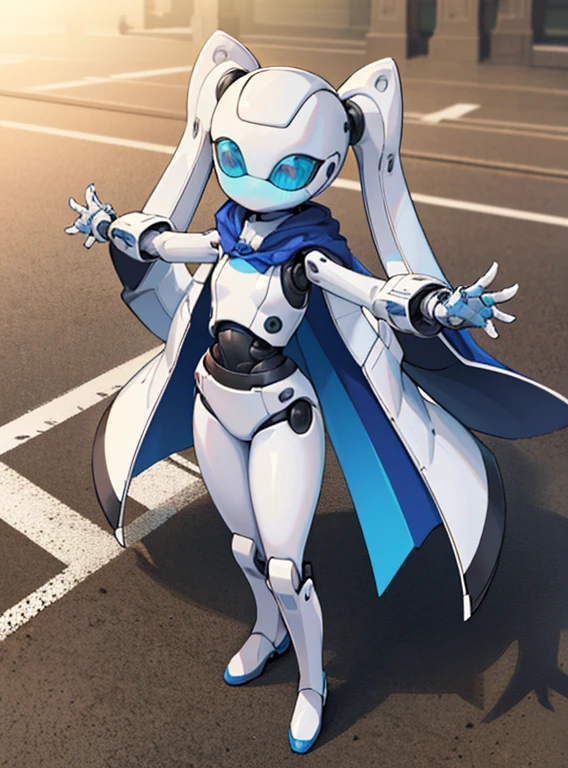 best quality, (masterpiece:1.2, highest quality), (very detailed:1.3),perfect anatomy, Drossel, 1 girl, solo，alone, No mouth, twin tails, blush, small breasts,robot,robot 関節, two mechanical eyes,white skin, blue eyes,winding, (scene: posing like a fighter, ),Are standing, spread your legs,white skin, blue eyes,posed for photo，high angle，(((Full body Esbian)))，Asahi,sunlight,Attaching a cloak,Flipping cloak,Creates a cohesive and visually stunning whole,