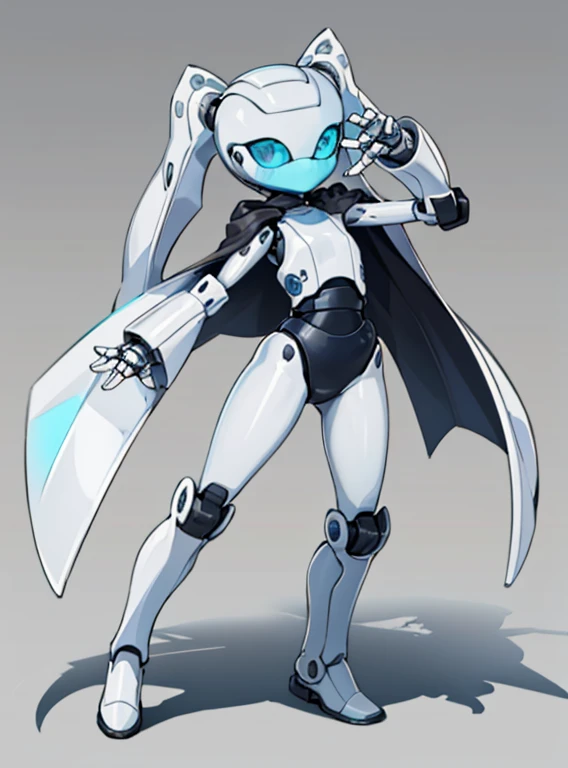 best quality, (masterpiece:1.2, highest quality), (very detailed:1.3),perfect anatomy, Drossel, 1 girl, solo，alone, No mouth, twin tails, blush, small breasts,robot,robot 関節, two mechanical eyes,white skin, blue eyes,winding, (scene: posing like a fighter, ),Are standing, spread your legs,white skin, blue eyes,posed for photo，high angle，(((Full body Esbian)))，Asahi,sunlight,Attaching a cloak,Flipping cloak,Creates a cohesive and visually stunning whole,