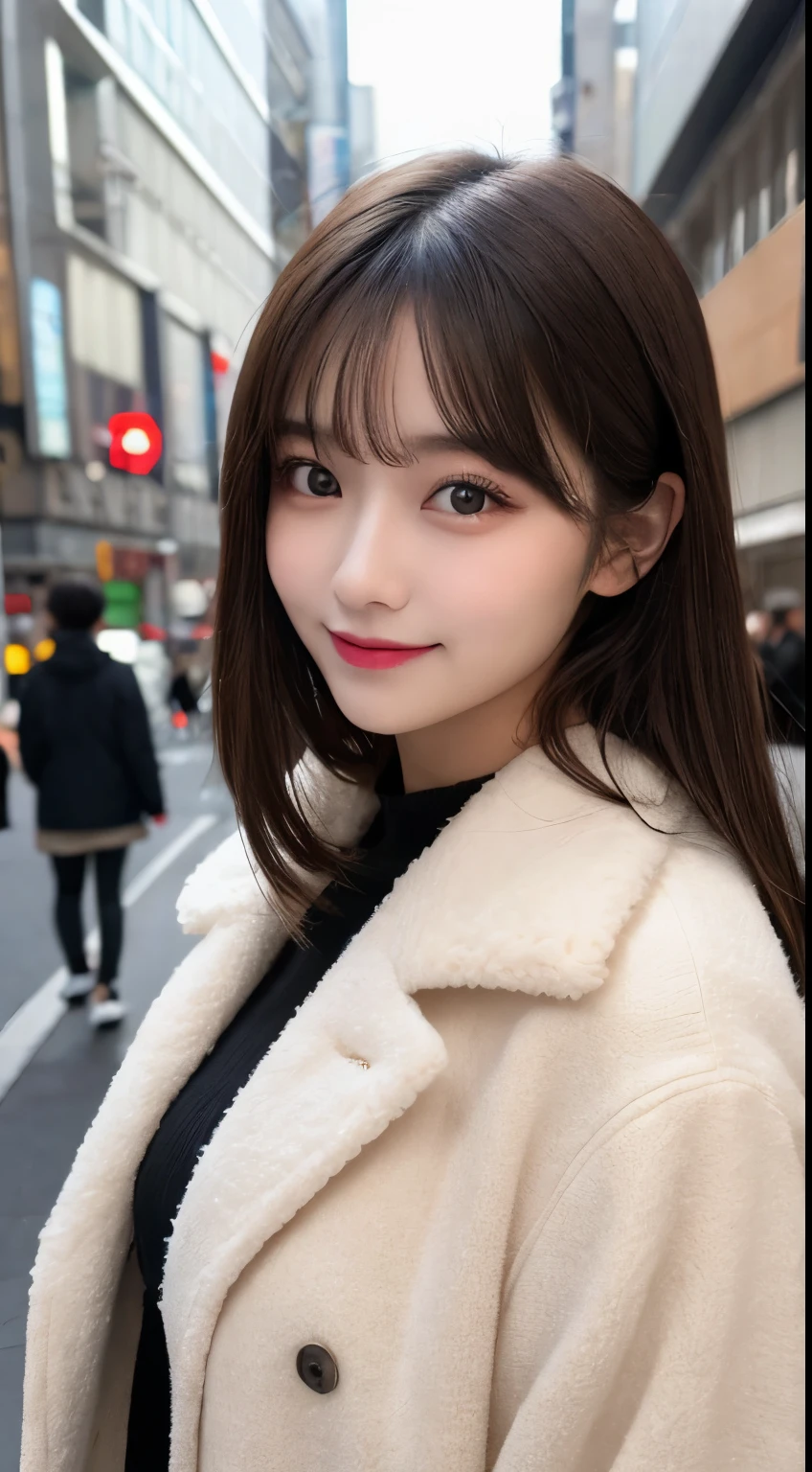 table top, highest quality, shape, Super detailed, finely, High resolution, 8k wallpaper, 完璧なダイナミックな構shape, beautiful and detailed eyes, Tokyo trend winter fashion,Random introduction of trending and cute hairstyles in Tokyo, small breasts, natural color lip, random sexy pose,cute smile,big city、20 year old girl、beautiful and detailed face、perfect and beautiful face,Big eyes、Wear fluffy black outerwear with fur、beautiful detailed face、perfect and beautiful double eyelids、blur the background、perfect and beautiful face、