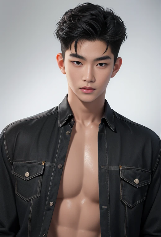 oppav3, (masterpiece, super quality, high resolution, 8k, complex: 1.2), (detailed face: 1.2), (shirtless: 1.5), handsome, detailed skin, pores, absurdity, lump, 1 boy, male focus, (realistic)), good lighting quality, delicate body, hallyu idol, ((pale skin)), bend, balanced eyes, brown eyes, smile, white teeth, smooth hair, ((exposed vagina)), with necklace, full body view, leaning against the wall