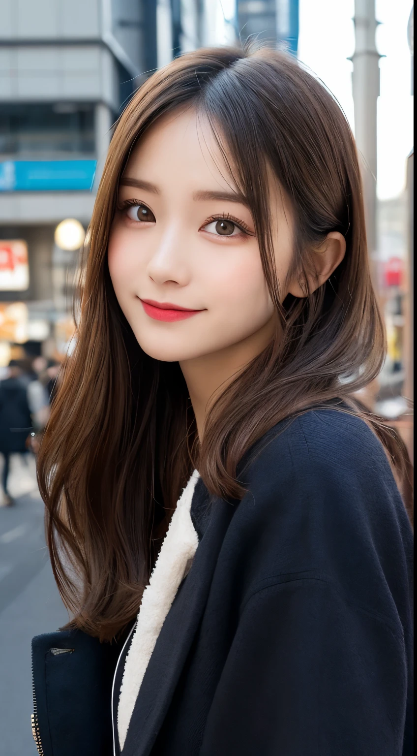 table top, highest quality, shape, Super detailed, finely, High resolution, 8k wallpaper, 完璧なダイナミックな構shape, beautiful and detailed eyes, Tokyo trend winter fashion,Random introduction of trending and cute hairstyles in Tokyo, small breasts, natural color lip, random sexy pose,cute smile,big city、20 year old girl、beautiful and detailed face、perfect and beautiful face,Big eyes、Wear fluffy black outerwear with fur、beautiful detailed face、perfect and beautiful double eyelids、blur the background、perfect and beautiful face、
