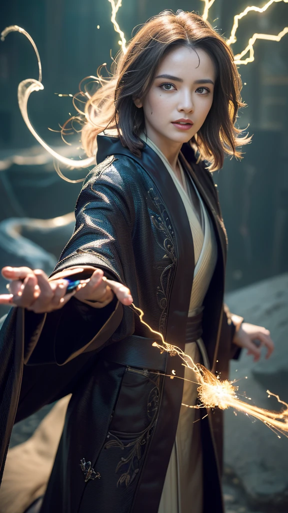 (regeneration of the skin:1.5), realistic, realistic, (Masterpiece:1.5), concept art, complicated details, Highly detailed, realistic, Octane rendering, 8ก, unreal engine, dynamic gesture, best quality, height, (realistic face:1.1), (Exaggerated:1.1), ((full_body)), perfect eyes,(Shiny skin:1.2), (((hairstyle))), (((perfect hand))), (very detailed background), ((dynamic background)), ((lightning)), (light rays), ((1 girl)), Wear a coat, (((flowing robe))), ((Detailed eyes, high quality eyes, high quality face)), (An extremely intricate robe., magical robes), short hair, casting lightning, electricity, rotating light, Radiant Power, Sparks, smoke, magic, ((Amazing)), epic, battlefield, depth of field, Bokeh, 4k, Gothic, human, particle,