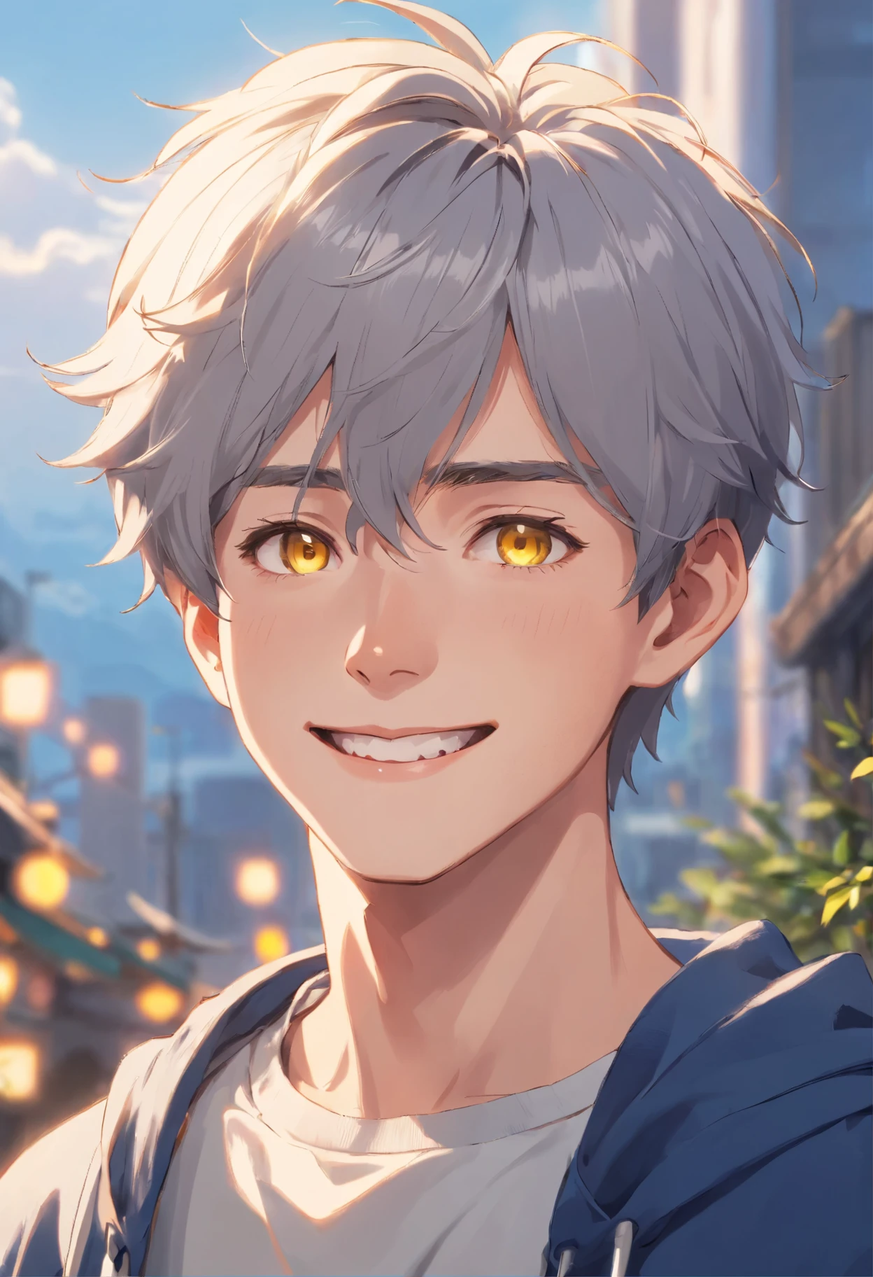    ((high definition: 1.2), (portrait: 1.1), young guy, 18 years old, (light gray hair: 1.2), short haircut, yellow eyes, (smiling: 1.1), (crown: 1.3), (realism: 1.4), young woman, (dark hair: 1.3), (fantasy: 1.1) A high definition portrait of a young guy, 18 years old, with light gray hair and a short haircut. His youthful energy is conveyed through his smiling expression. The realism of his portrait is enhanced by the intricate details of his golden yellow eyes     , light gray hair, short haircut, yellow eyes, smiling, crown, young woman dark hair, realism, fantasy