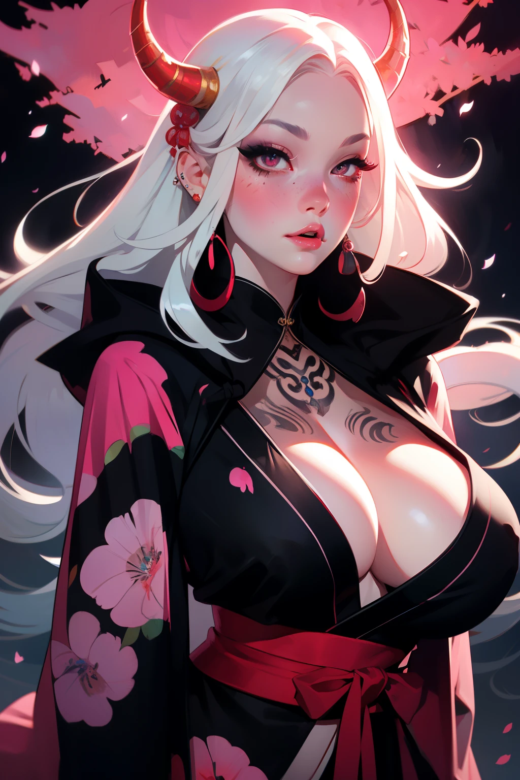 PERFECT MASTERPIECE, EXTREMELY DETAILED CG UNITY 8K UHD QUALITY RESOLUTION, RAW PHOTO, PHOTOREALISTIC, PERFECT PHOTOGENIC CLARITY, OFFICIAL ART, AWARD-WINNING PORTRAIT, OFFICIAL ART, (0ill1k3:1.3) The most beautiful and sexy vampire goddess, oni horns, very long platinum white hair, vibrant red eyes, long detailed eyelashes, blushing, full pouting pink lips, curvy body type, full hips, super huge enormously gigantic tits, cleavage showing, gigantic tits bursting out of her kimono, tons of tattoos and piercings, wearing the most beautiful and highly detailed Harajuku-inspired hooded kimono, arching her back in a sexy seductive slutty pose, looking at the viewer, full body portrait, close up pov camera view from below, sexy seductive slutty facial expression, cherry blossoms blowing in the wind, aesthetic atmospheric dreamlike blood splattered background 