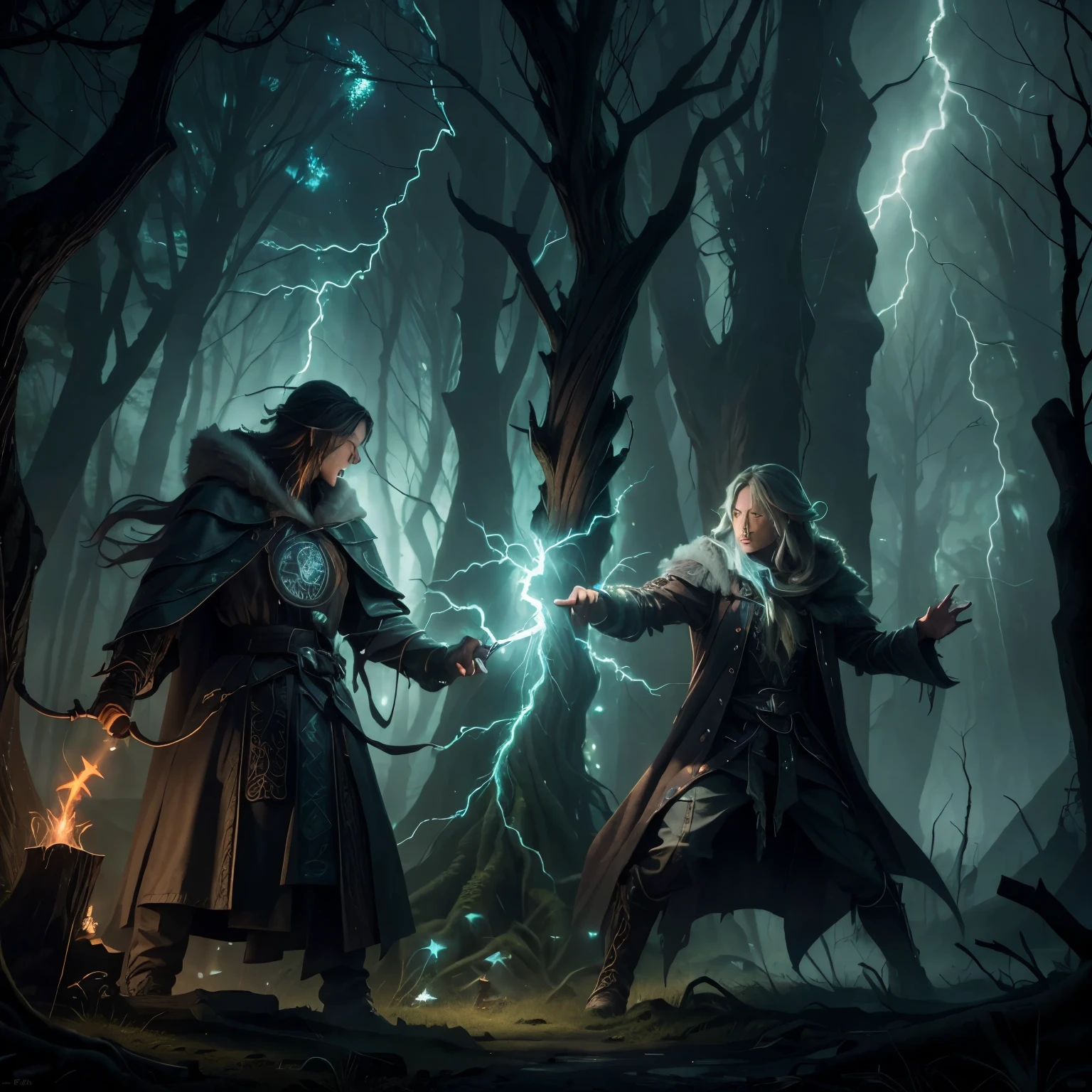 model dreamer ,Druid magic AI , in the woods, Two mages wearing gray gothic fantasy coats, Attack each other  ! A man shoots a huge lightning bolt from his right hand  ! Another man&#39;s right hand glowed with orange flames ! ((masterpiece)), ((best quality)) , Very detailed,, 最高detail, Ah high_detail, Coloring, 