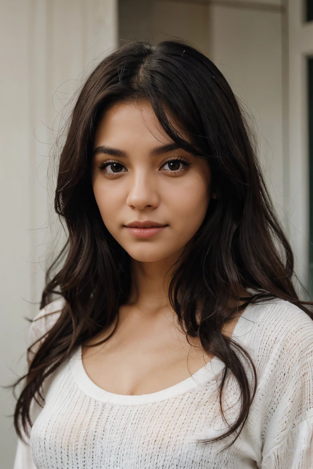 beautiful mexican with gray eyes white skin and long black curly hair