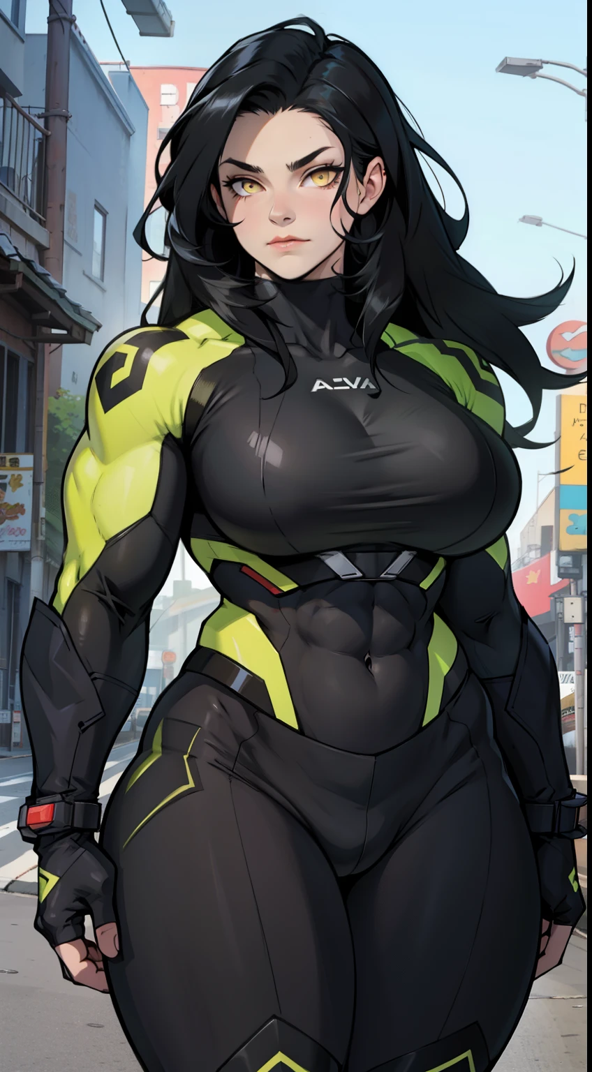 muscular girl thick breasts black hair yellow eyes pale skin texture voluminous hair