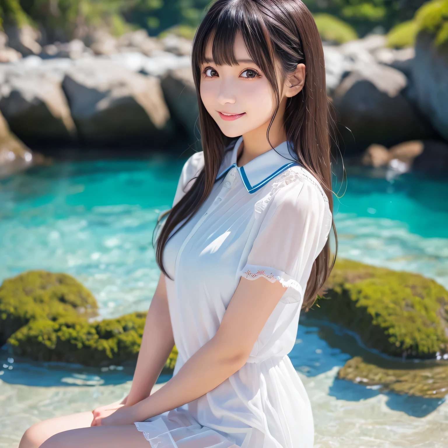 on the table, best quality, illustration, Super detailed, fine details, high resolution, 8k wallpaper, Perfect dynamic composition, Beautiful and delicate eyes,whole body摄影,show your whole body、collared shirt、mini skirt,thin and transparent、long gray hair, Bold sexy pose,Smile,Harajuku、20 year old girl、Eyeliner、beautiful bangs、hair between eyes、((masterpiece、top quality、Super detailed、movie light、intricate details、high resolution、Very detailed))、background for this、8 kood、digital SLR、soft light、high quality、film grain、富士XT3 、shallow view deep、natural soft light、Kamimei、See the knees, side view, standing at the beach,Look at the sexy shots of the lens、Above the legs、whole body、