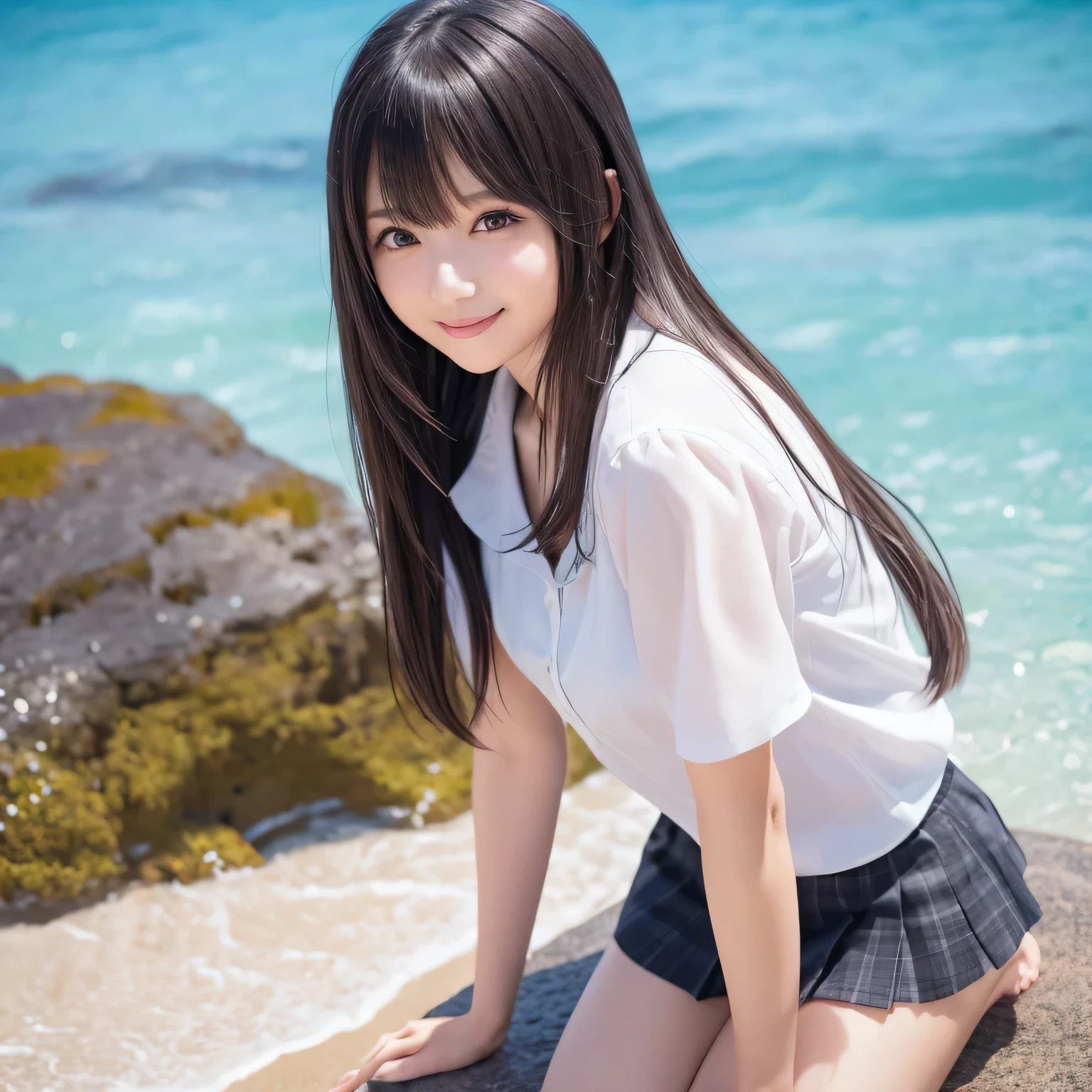 on the table, best quality, illustration, Super detailed, fine details, high resolution, 8k wallpaper, Perfect dynamic composition, Beautiful and delicate eyes,whole body摄影，show your whole body、collared shirt、mini skirt,thin and transparent、long gray hair, Bold sexy pose,Smile,Harajuku、20 year old girl、Eyeliner、beautiful bangs、hair between eyes、((masterpiece、top quality、Super detailed、movie light、intricate details、high resolution、Very detailed))、background for this、8 kood、digital SLR、soft light、high quality、film grain、富士XT3 、shallow view deep、natural soft light、Kamimei、See the knees, side view, standing at the beach,Look at the sexy shots of the lens、Above the legs、whole body、